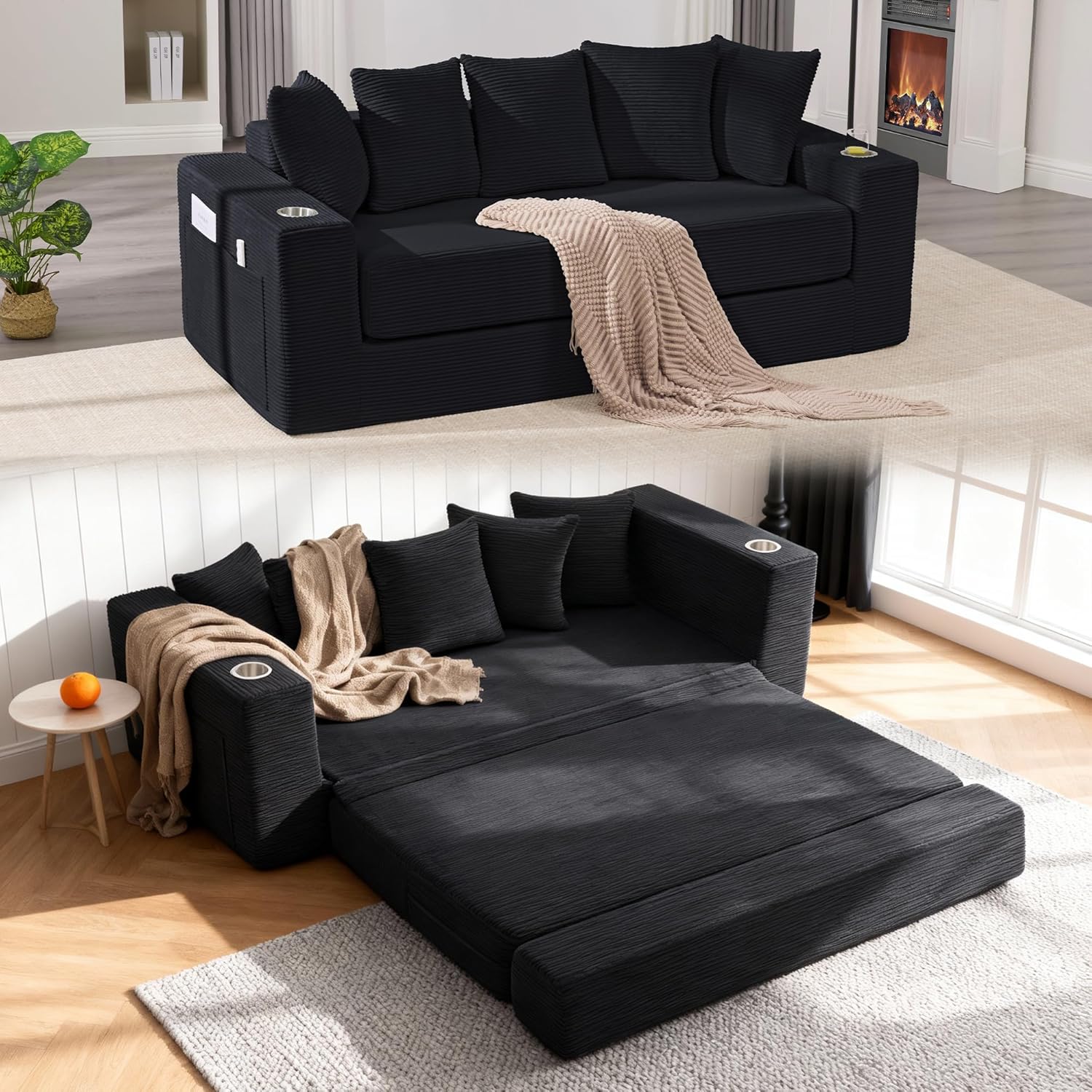 76" Convertible Sofa Bed, 2-in-1 Boneless Sleeper Sofa with Cup Holder & Pocket, Corduroy Pull Out Couch with 5 Pillows, Couch Bed for Living Room, Small Spaces, Bedroom, No Assembly