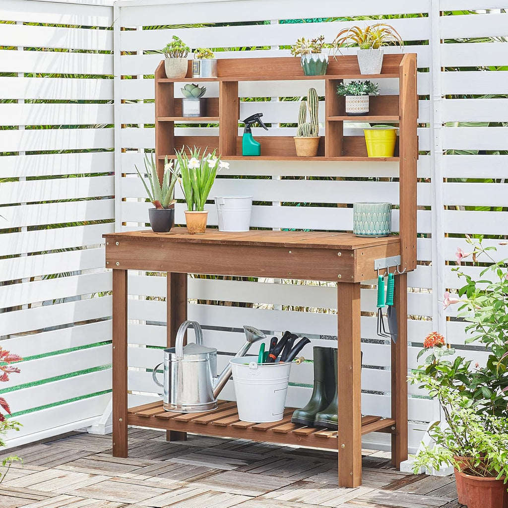 Topeakmart Potting Bench Germination Table - Wood Garden Work Bench Flatform w/Display Rack/Practical Storage Prganizer for Backyard, Patio and Balcony, Brown
