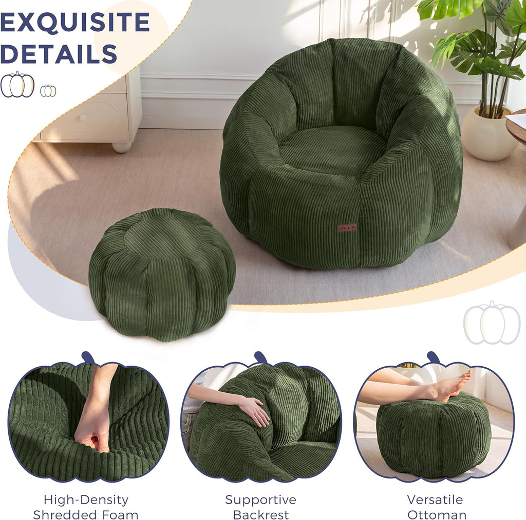 MAXYOYO Giant Bean Bag Chair with Ottoman, Pumpkin-Shaped Bean Bag Sofa with Footstool, Oversized Boneless Couch Chair in a Box, Comfy and Lazy Lounge for Dorm, Living Room, Bedroom, Green