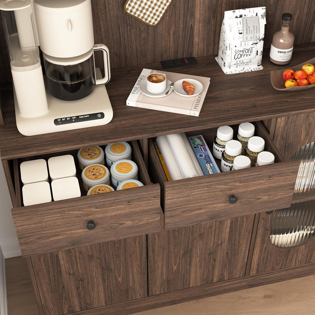 71" Tall Kitchen Pantry Storage Cabinet with Glass Doors Large Capacity Display, Microwave Stand, Bakers Rack with Storage for Kitchen, Pantry, Living Room (Walnut)