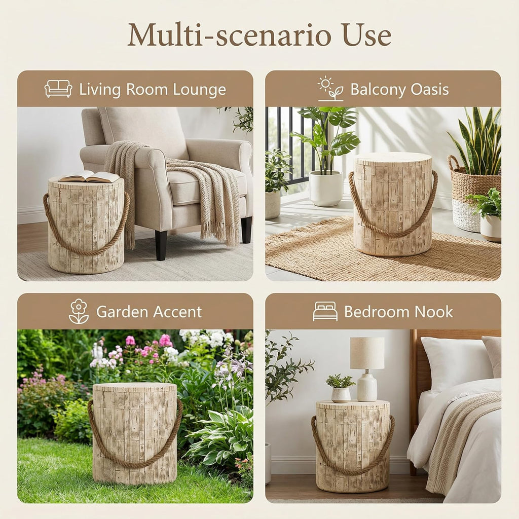 Merax Outdoor Wood Grain Rustic MGO Side Table with Realistic Wood Vibe & Simulated Braided Cord, Cylindrical End Table for Home, Office, Living Room & All-Weather Patio Outdoor Decor