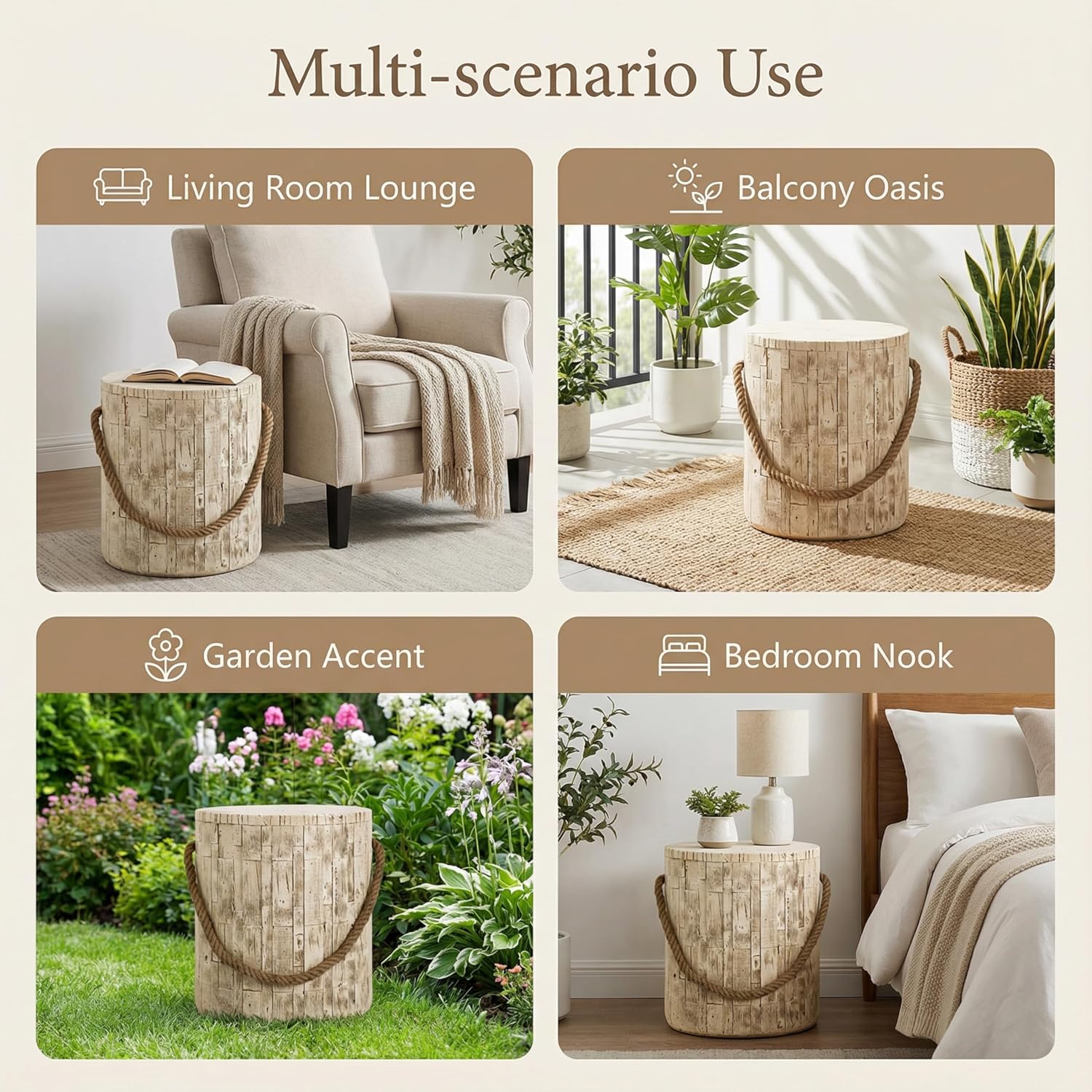 Merax Outdoor Wood Grain Rustic MGO Side Table with Realistic Wood Vibe & Simulated Braided Cord, Cylindrical End Table for Home, Office, Living Room & All-Weather Patio Outdoor Decor