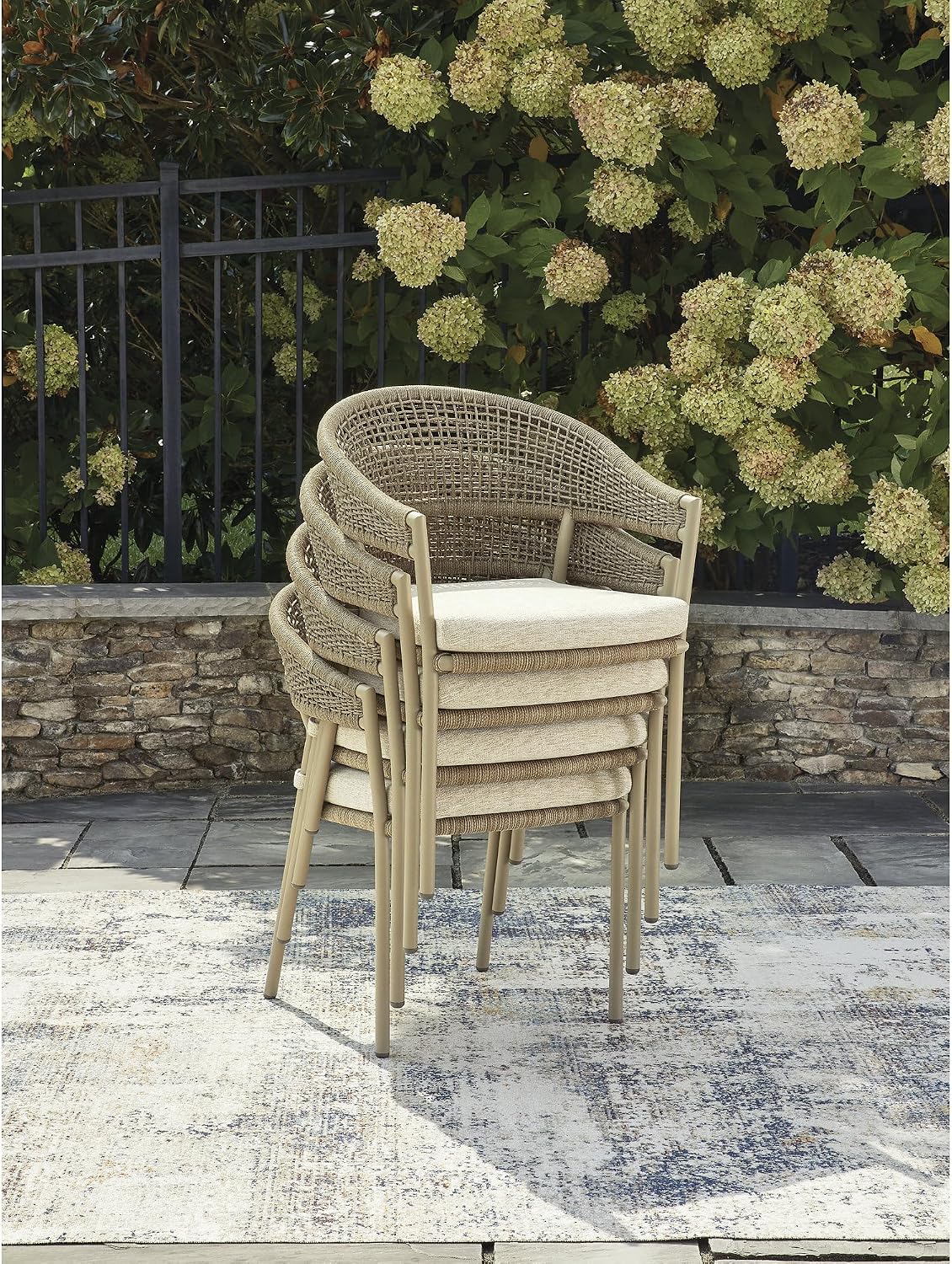 Signature Design by Ashley Ocean Park Set of 4 Outdoor Chairs with Cushions, Stackable, Rope Back, Powder Coated Aluminum Frame, Performance Fabric, Beige