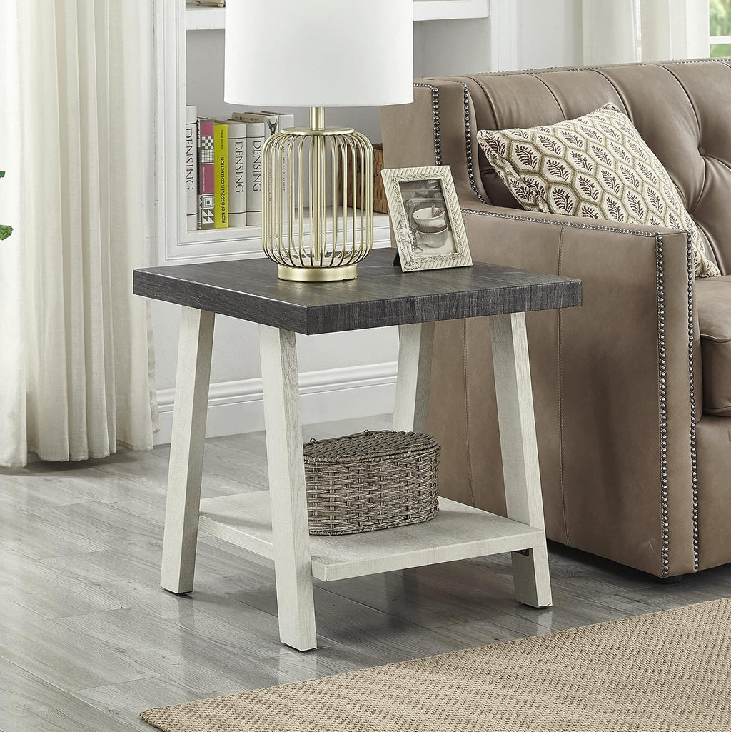 Modern Industrial Wooden End Table, 2-Tier Small Sofa Side Table with Storage for Living Room, Bedroom, Small Spaces, Charcoal + Beige