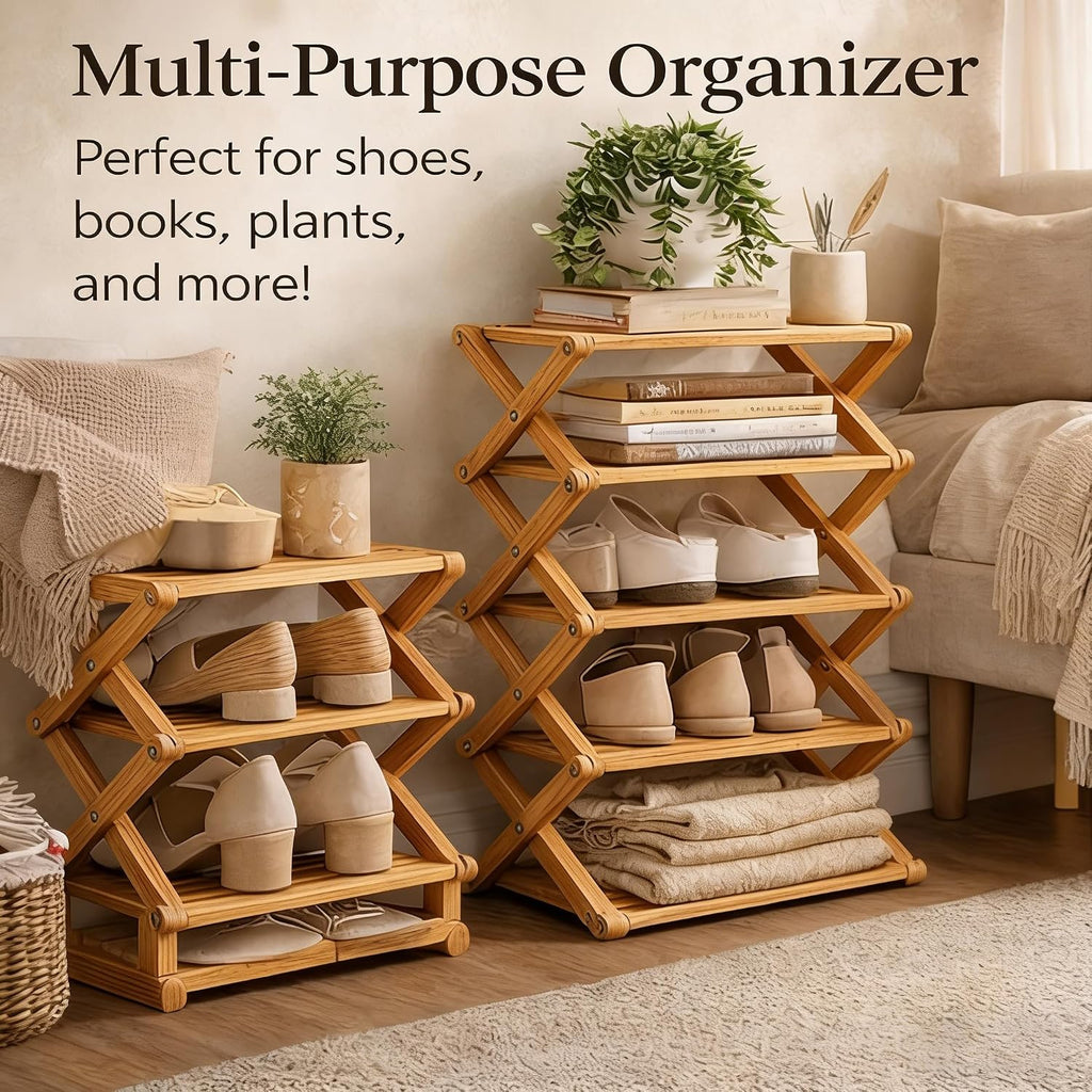 9 Tier Bamboo Shoe Rack, 2-9 Tier Foldable Bamboo Shoe Rack Options, The 9-Tier No-Assembly Vertical Design Bamboo Rack, for Shoes, Books, Vase, Save Space, Easy to Use (2-Tier)