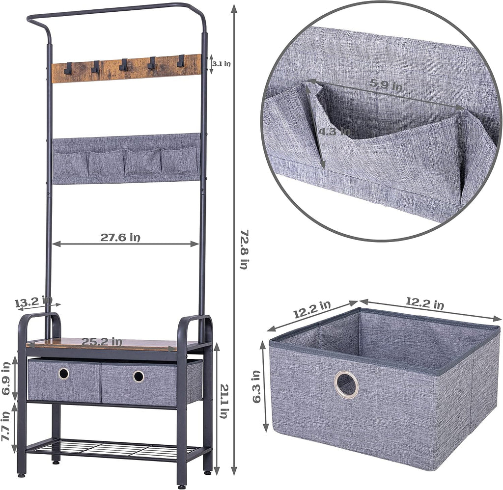 Sunnyglade Vintage Coat Rack 3 in 1 Hall Tree Entryway Organizer Shoe Rack | Entryway Organizer with Shoe Bench, Vintage 3-in-1 Hall Tree Coat Rack, Metal Frame, 5 Hooks, 4 Pockets & 2 Storage Boxes