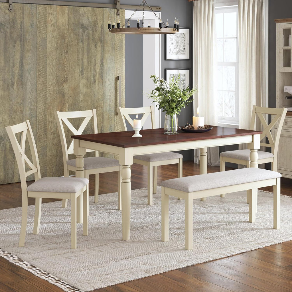 AMERLIFE 6-Piece Farmhouse Dining Table Set for 6-7, 60" Solid Wood Kitchen Table and Chairs, 1 Dining Table, 4 Upholstered Chairs and 1 Bench, Rustic Dining Room Set, Rustic White