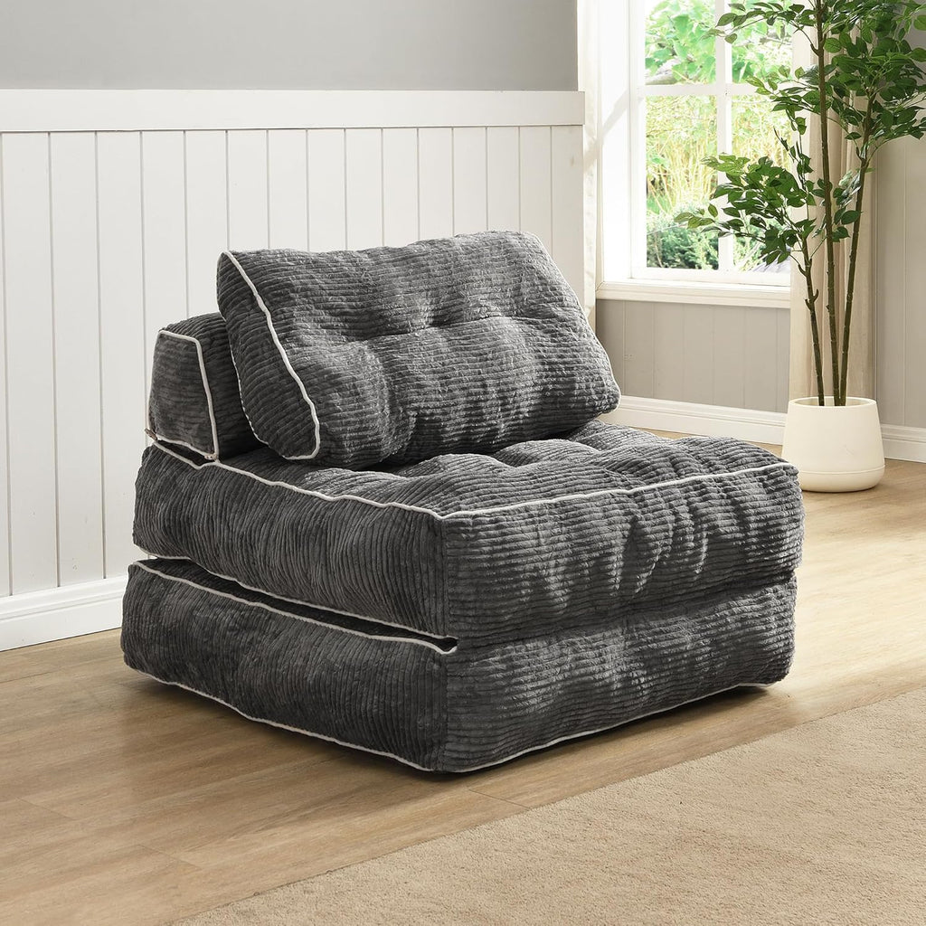 Convertible Foldable Sofa Bed with Pillow & Back Support, Portable Fold Out Floor Lounge for Living Room Bedroom, Dark Grey