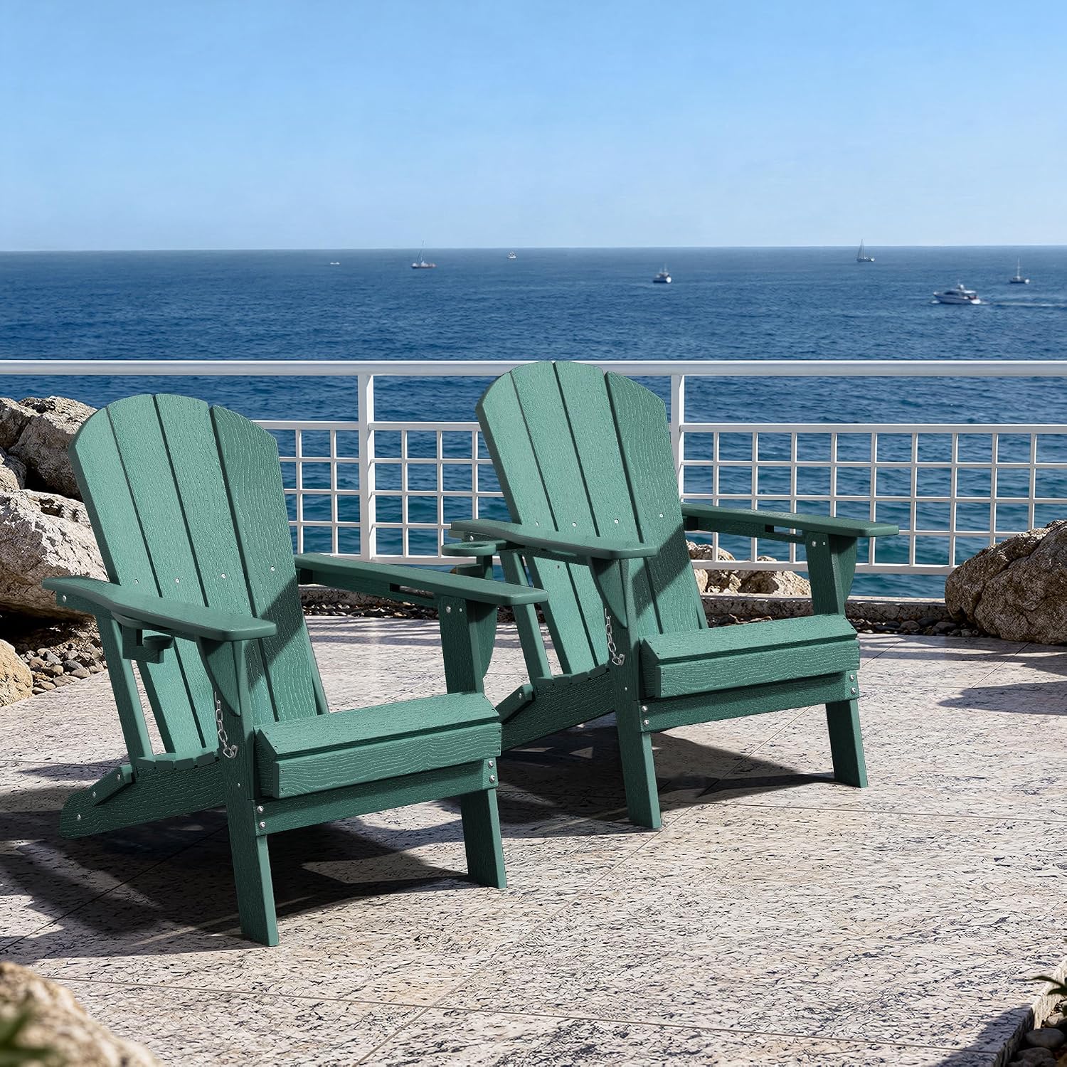 AreShark Folding Adirondack Chairs Set of 2, Wooden Textured Patio Chairs with Cup Holder,HDPE All Weather Fire Pit Chairs for Outdoor Backyard Lawn Poolside Deck Porch Garden,Aruba Blue