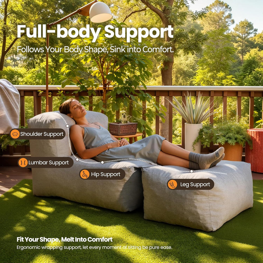 Outdoor Indoor Bean Bag Chair with Ottoman, 2-in-1 Lounge Beanbag with Filling, Water-Repellent Polyester Patio Sofa, Full-Body Ergonomic Support Floor Seating, Dark Gray