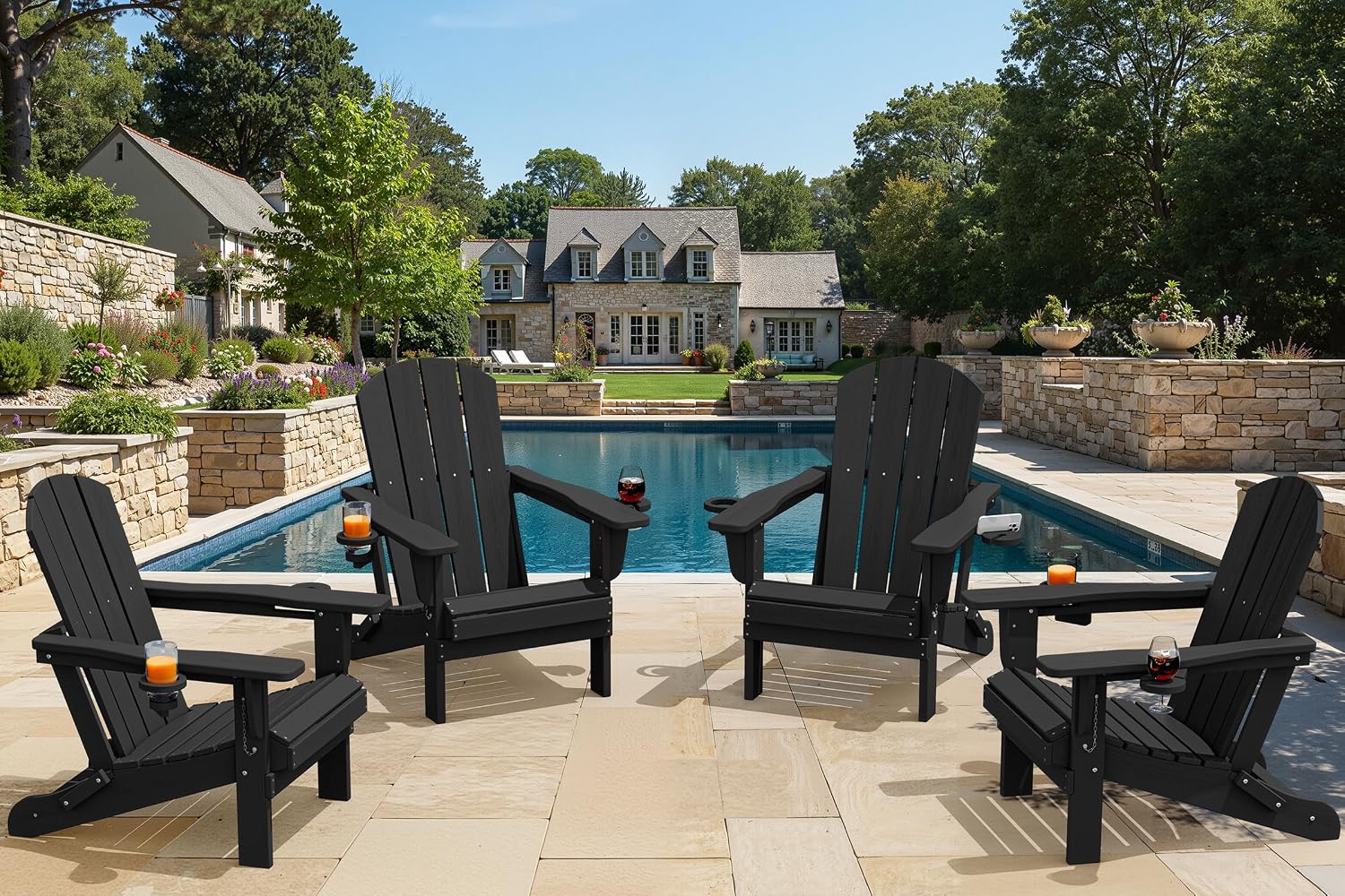 SERWALL Folding Adirondack Chair, Dual Cup Holders, Wood-Like Patio Chair for Backyard, Camping，Pool & Fire Pit- Black