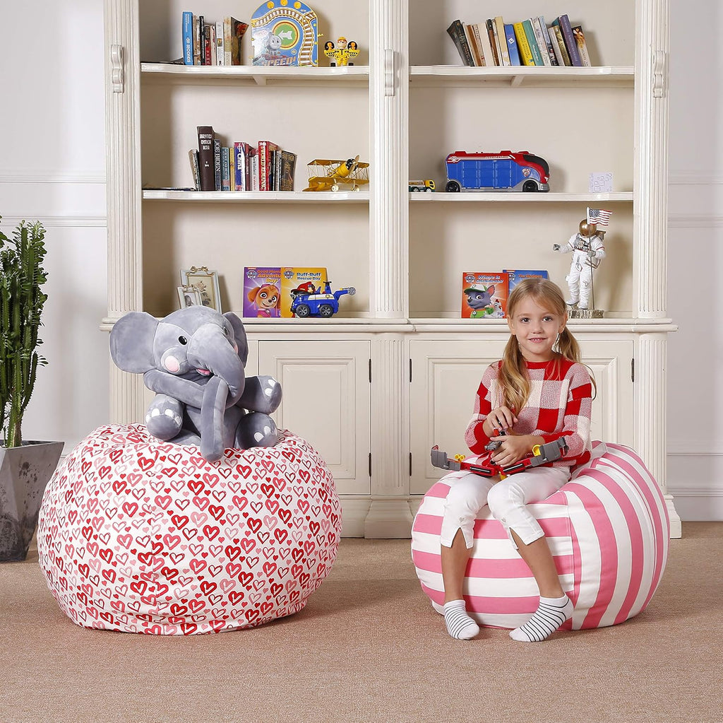 Aubliss Stuffed Animal Bean Bag Storage Chair, Beanbag Covers Only for Organizing Plush Toys, Turns into Bean Bag Seat for Kids When Filled, Medium 32"-Canvas Stripes Pink/White