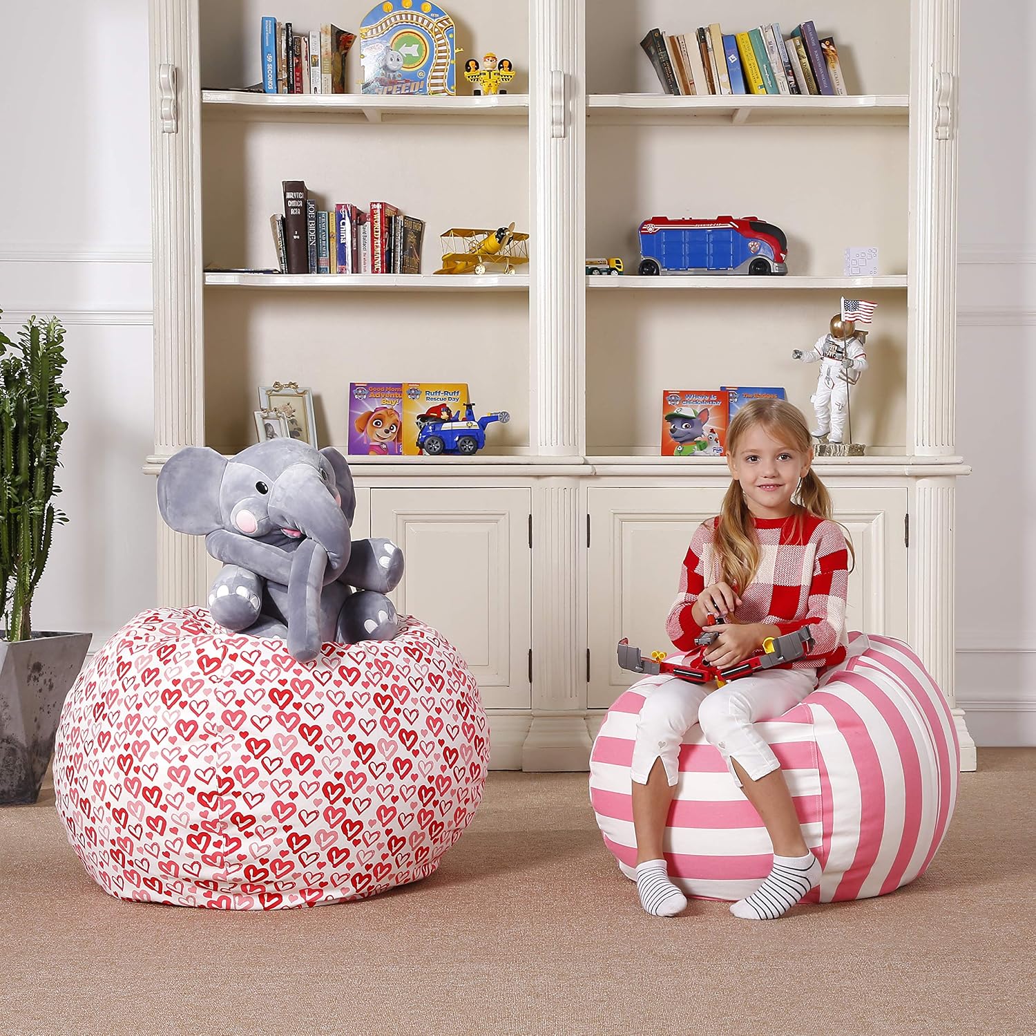 Aubliss Stuffed Animal Bean Bag Storage Chair, Beanbag Covers Only for Organizing Plush Toys, Turns into Bean Bag Seat for Kids When Filled, Medium 32"-Canvas Stripes Pink/White
