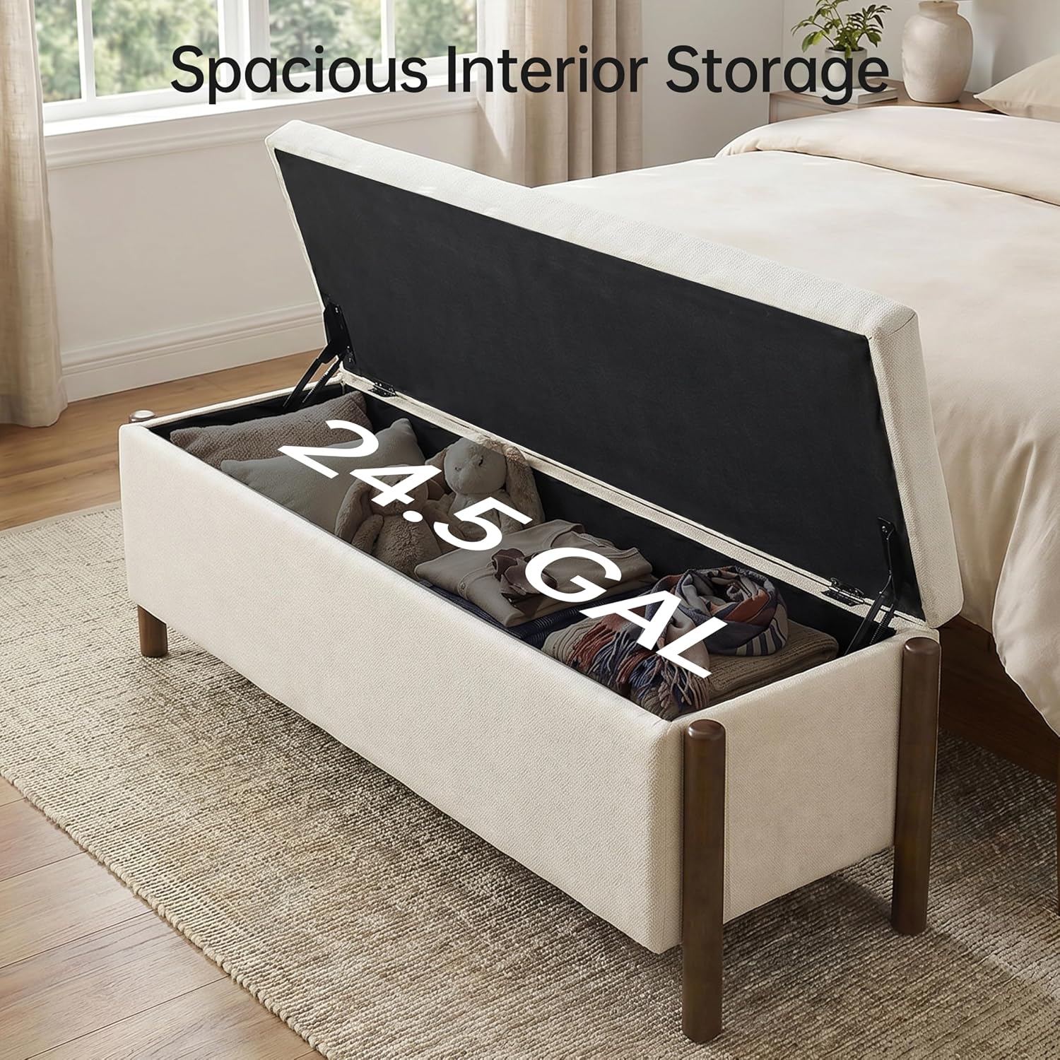 Usaint Wooden Storage Ottoman Bench, 47" Fabric Upholstered End of Storage Bench with Rubberwood Legs, Entryway Bench with Storage for Bedroom, Living Room, Reception, Cloakroom, Beige