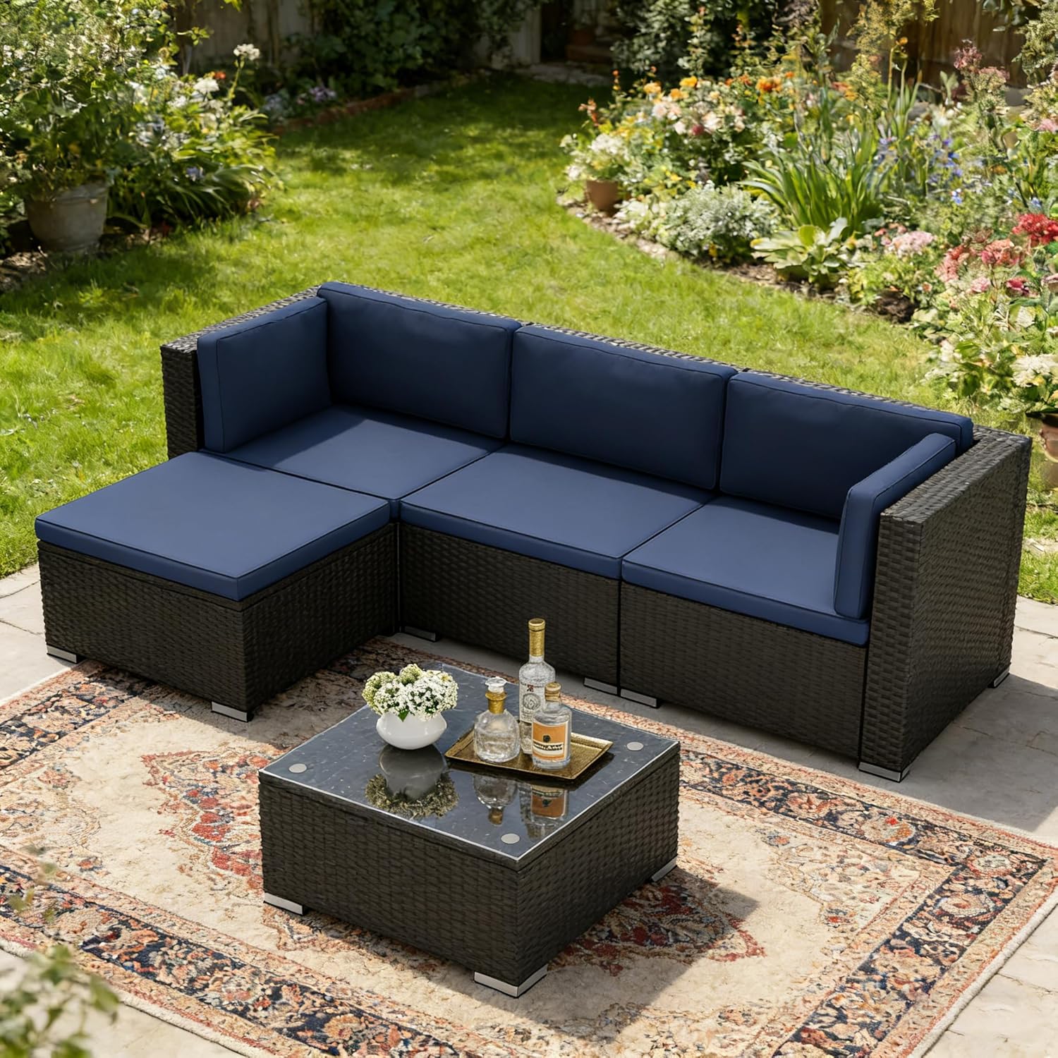 Incbruce 5 Pcs Patio Furniture Set with Ottoman, All-Weather PE Rattan Outdoor Sectional Sofas, Patio Sectional Furniture Set with Cushion & Glass Table (Blue)