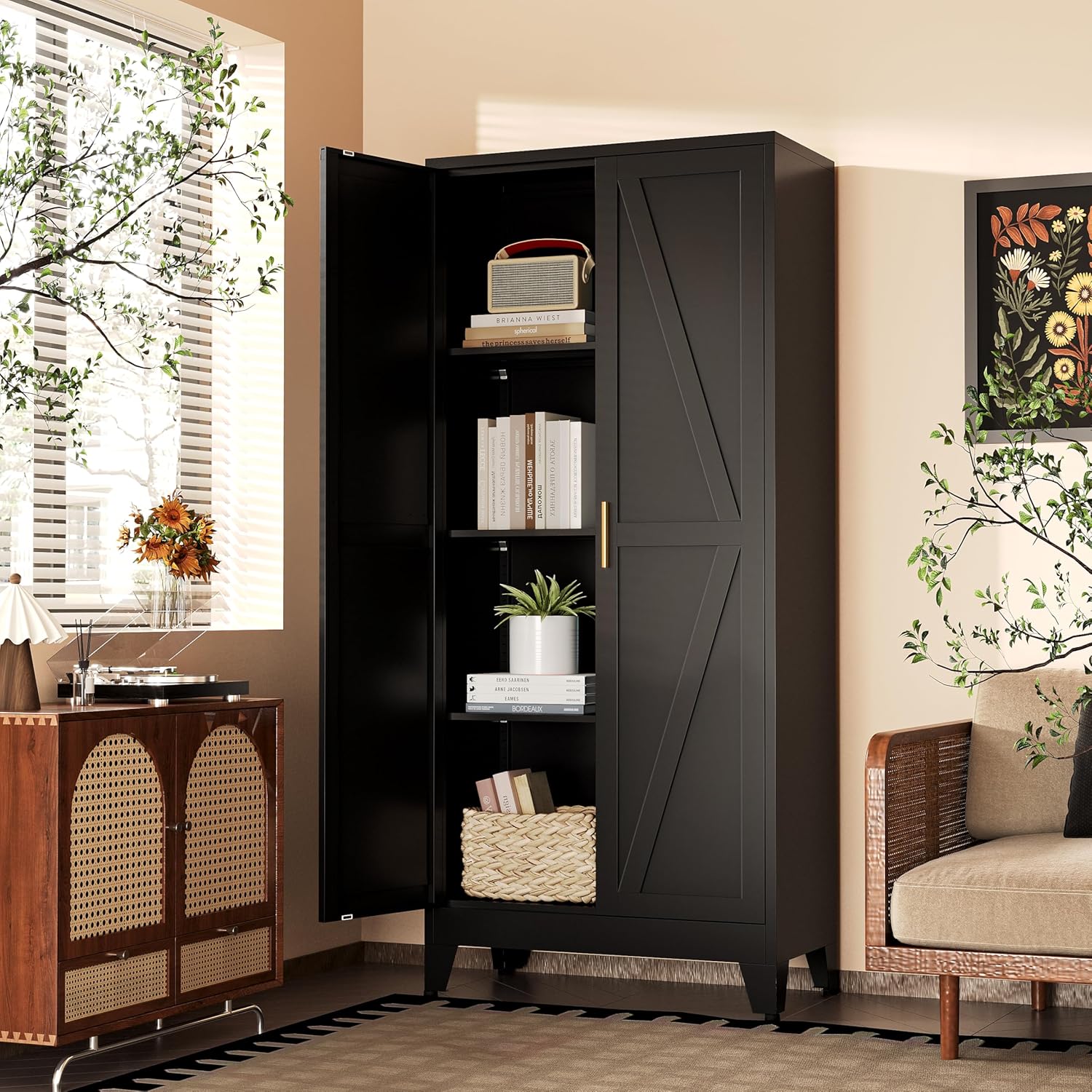 61"H Black Pantry Kitchen Cabinet with Doors,Black Storage Cabinets,Freestanding Pantry Cabinet,Farmhouse Food Storage Cabinets,Tall and Large Pantry Cabinets for Kitchen, Dining Room, Living Room