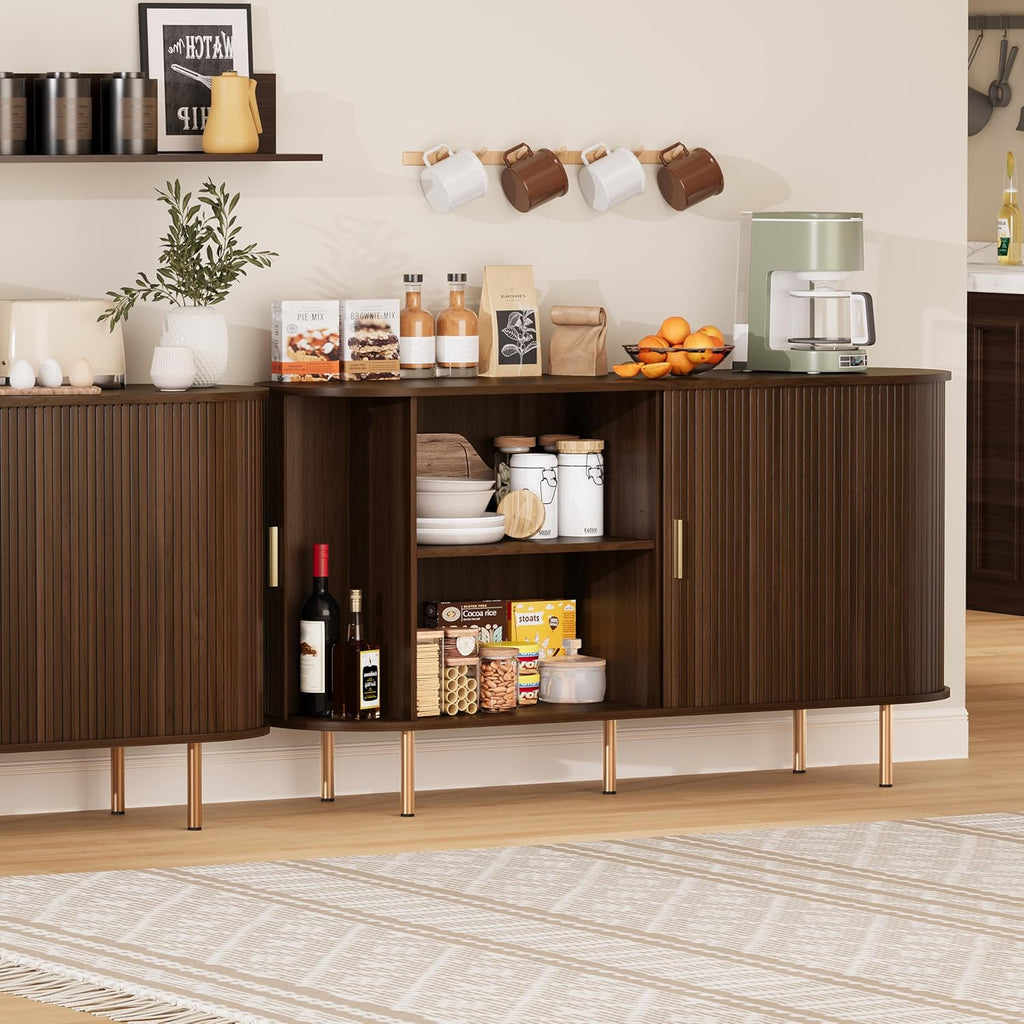DHH Sideboard Buffet Cabinet with Storage,Mid Century Modern Fluted Accent Coffee Bar Console Table,Tambour Sliding Doors& Adjustable Shelf for Kitchen, Living Room, Entryway(Walnut,55 Inch)