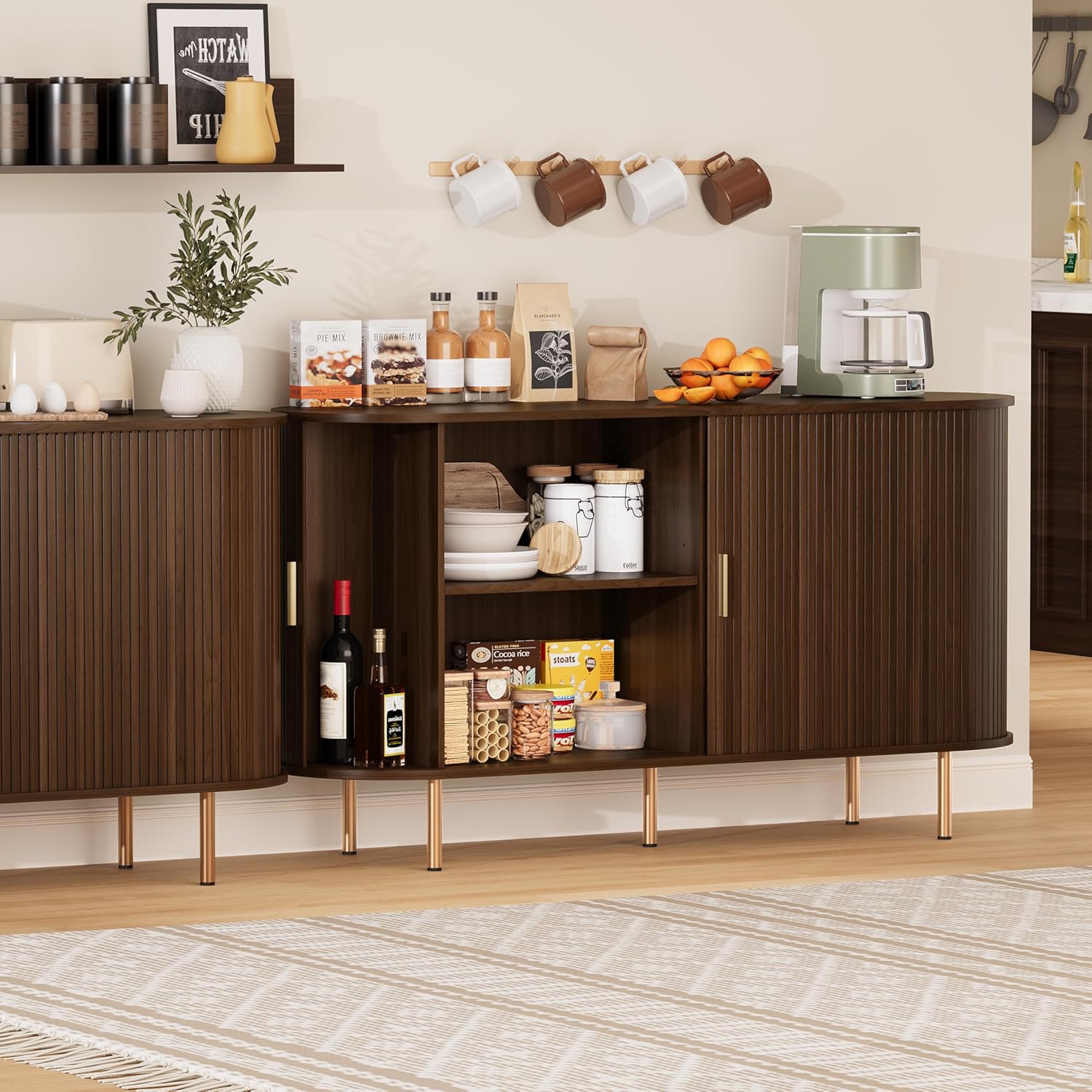 DHH Sideboard Buffet Cabinet with Storage,Mid Century Modern Fluted Accent Coffee Bar Console Table,Tambour Sliding Doors& Adjustable Shelf for Kitchen, Living Room, Entryway(Walnut,55 Inch)