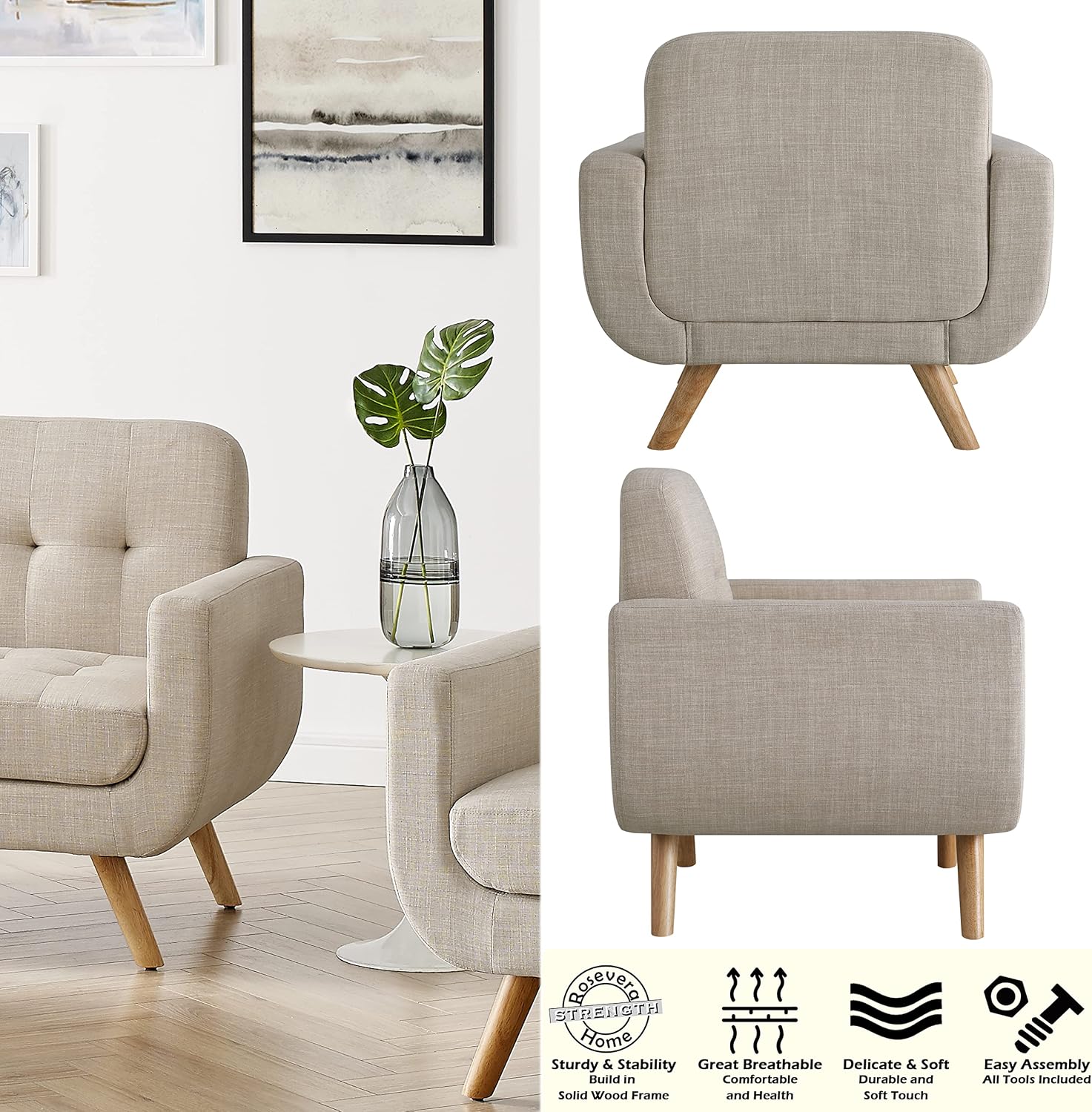Rosevera Elena Contemporary Accent Armchair with Linen Upholstery Living Room Furniture, Natural