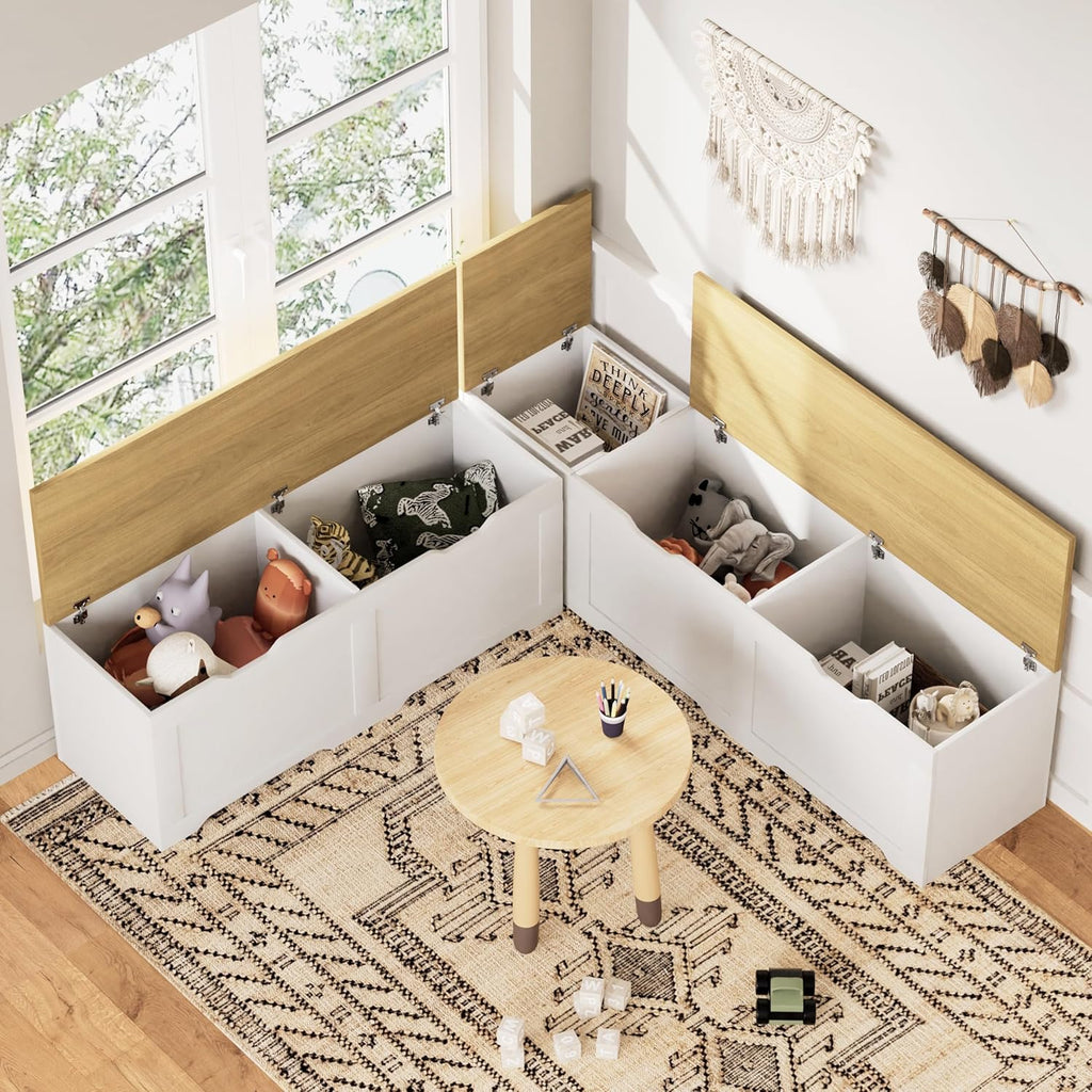 3-Piece L-Shaped Multi-Functional Storage Bench with Cushion, Serving as a Kitchen Corner Bench, Toy Storage Box, or Reading Nook seat., White and Natural, 63" D x 63" W x 19.1" H