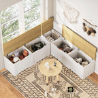3-Piece L-Shaped Multi-Functional Storage Bench with Cushion, Serving as a Kitchen Corner Bench, Toy Storage Box, or Reading Nook seat., White and Natural, 63" D x 63" W x 19.1" H