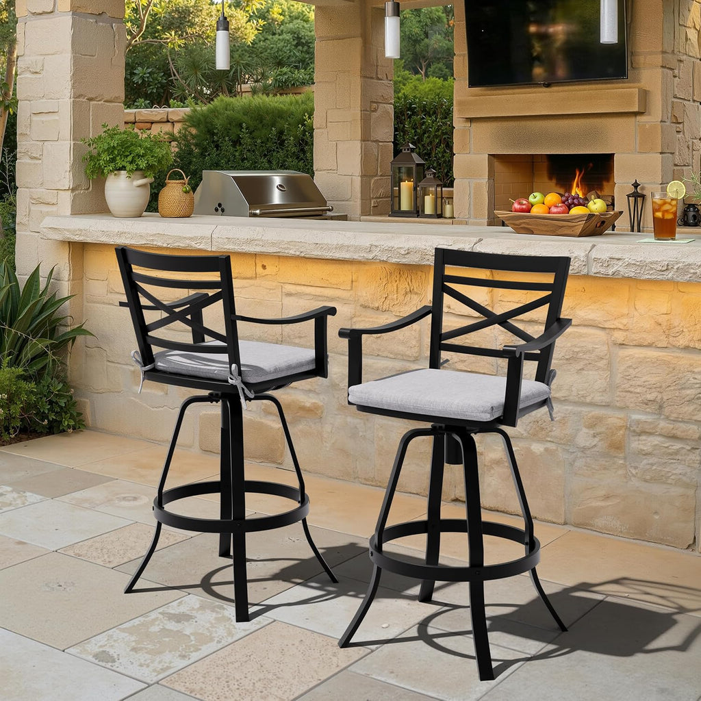 Pellebant Swivel Aluminum Outdoor Bar Stools Set of 2, 30" Patio Bar Height Bar Stools with Sunbrella Cushion & Back, Anti-Rust Barstools for Deck Backyard Garden, Cast Silver