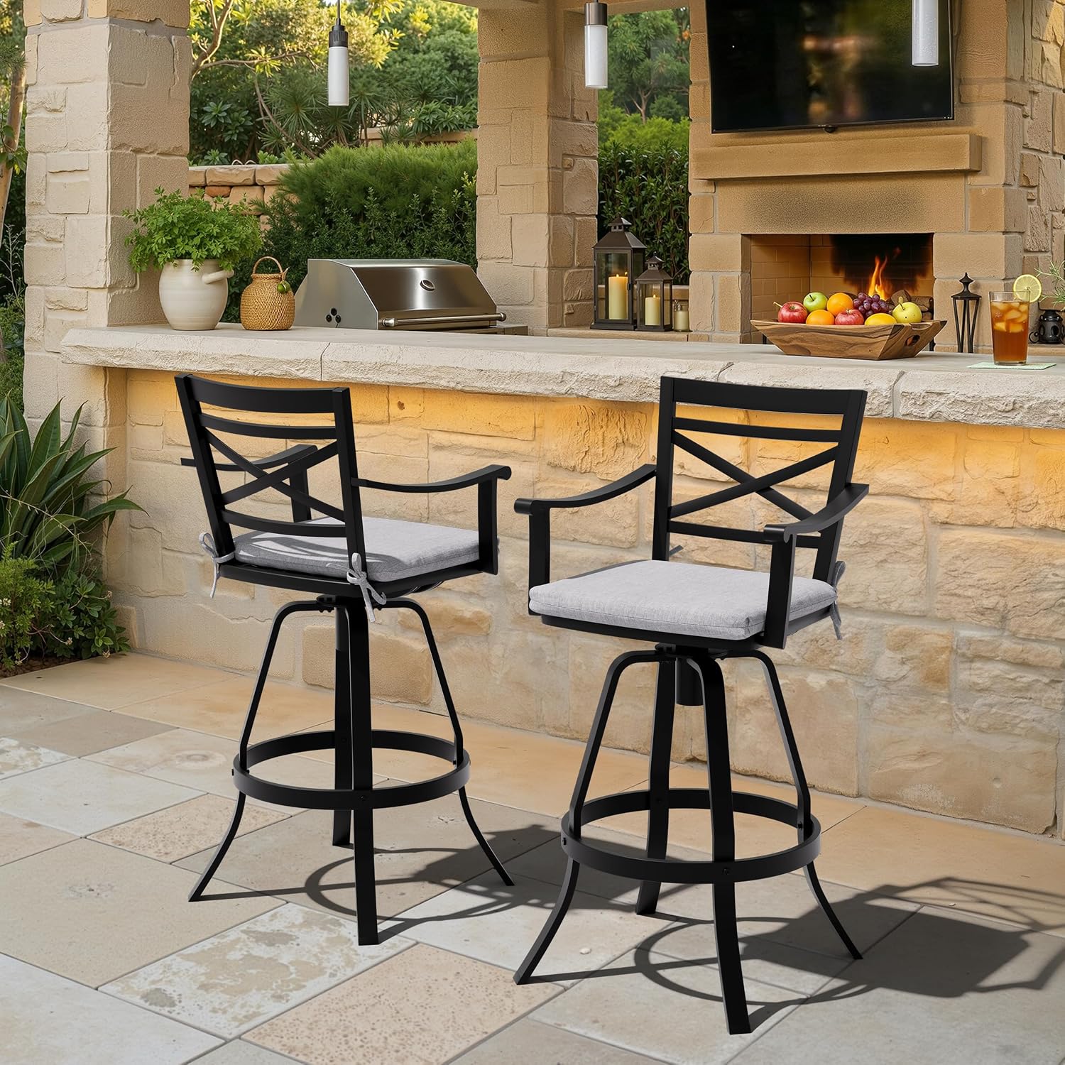 Pellebant Swivel Aluminum Outdoor Bar Stools Set of 2, 30" Patio Bar Height Bar Stools with Sunbrella Cushion & Back, Anti-Rust Barstools for Deck Backyard Garden, Cast Silver