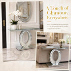 Oval-Shaped Silver Mirrored Console Table and Wall Mirror Set, 2 Piece Mirrored 39.37" Rectangle Sofa Table and 35.43" Crush Diamond Oval Wall Mirror Set for Entryway Hallway Entrance