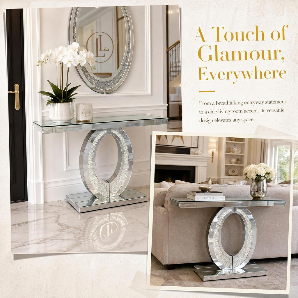 Oval-Shaped Silver Mirrored Console Table and Wall Mirror Set, 2 Piece Mirrored 39.37" Rectangle Sofa Table and 35.43" Crush Diamond Oval Wall Mirror Set for Entryway Hallway Entrance