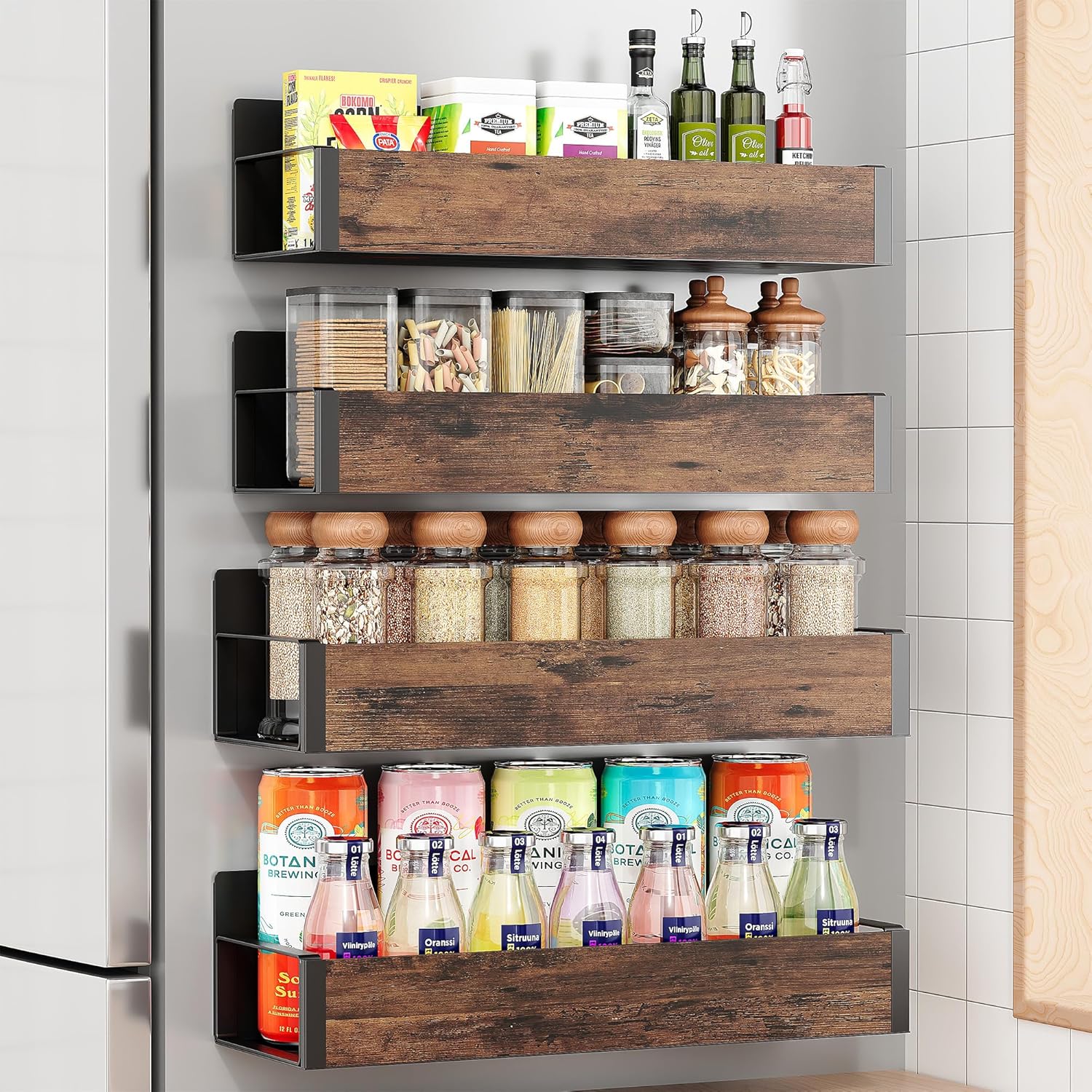 Vetacsion 4 Pack Moveable Fridge Magnetic Spice Racks,Metal(Wood)