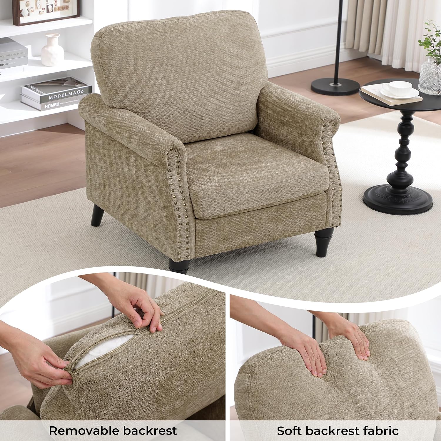Accent Chair for Living Room, Modern Mid Century Reading Chair Armchair High Back Upholstered Armchair with Wooden Legs for Living Room Bedroom Office (Brown, 1PCS)