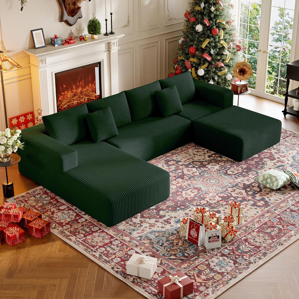 CHORRO134.6''Sectional Boneless Couch for Livingroom,Modular Corduroy Cloud Couch, U-Shaped Sofa with Chaise and Pillows,4-Deep Seat Sectional Sofa with 1 Ottoman,(Green,Left Chaise)