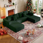 CHORRO134.6''Sectional Boneless Couch for Livingroom,Modular Corduroy Cloud Couch, U-Shaped Sofa with Chaise and Pillows,4-Deep Seat Sectional Sofa with 1 Ottoman,(Green,Left Chaise)