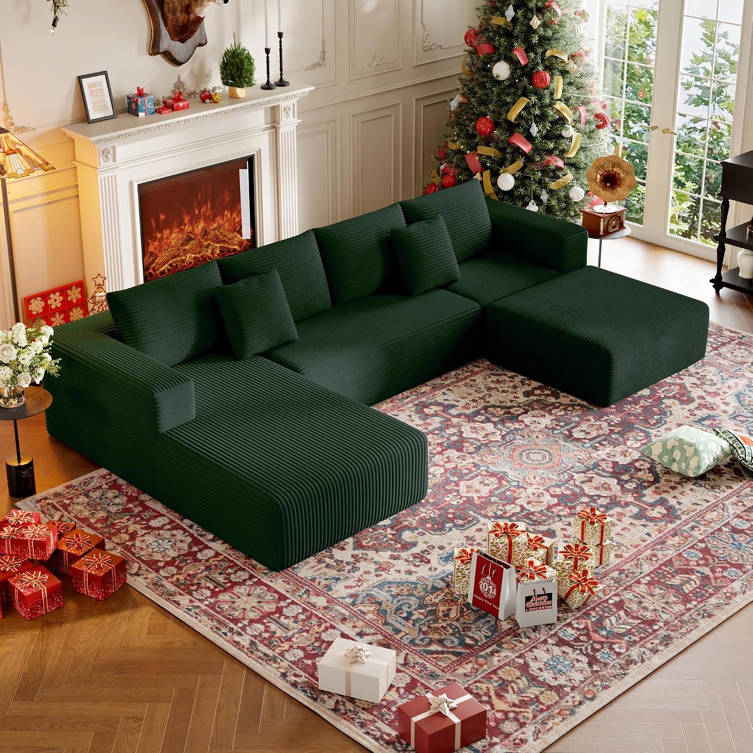 CHORRO134.6''Sectional Boneless Couch for Livingroom,Modular Corduroy Cloud Couch, U-Shaped Sofa with Chaise and Pillows,4-Deep Seat Sectional Sofa with 1 Ottoman,(Green,Left Chaise)