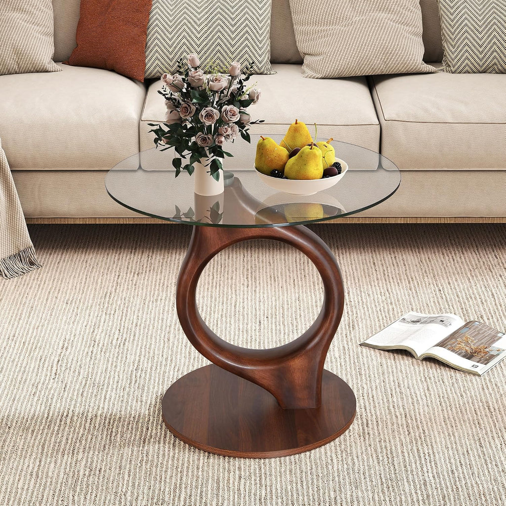27.5” Large Glass End Table, Round Side Tables with Tempered Glass Tabletop, Modern Night Stand Sofa Table, Small Coffee Table with Wooden Base for Living Room Office Bedroom, Walnut