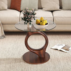 27.5” Large Glass End Table, Round Side Tables with Tempered Glass Tabletop, Modern Night Stand Sofa Table, Small Coffee Table with Wooden Base for Living Room Office Bedroom, Walnut