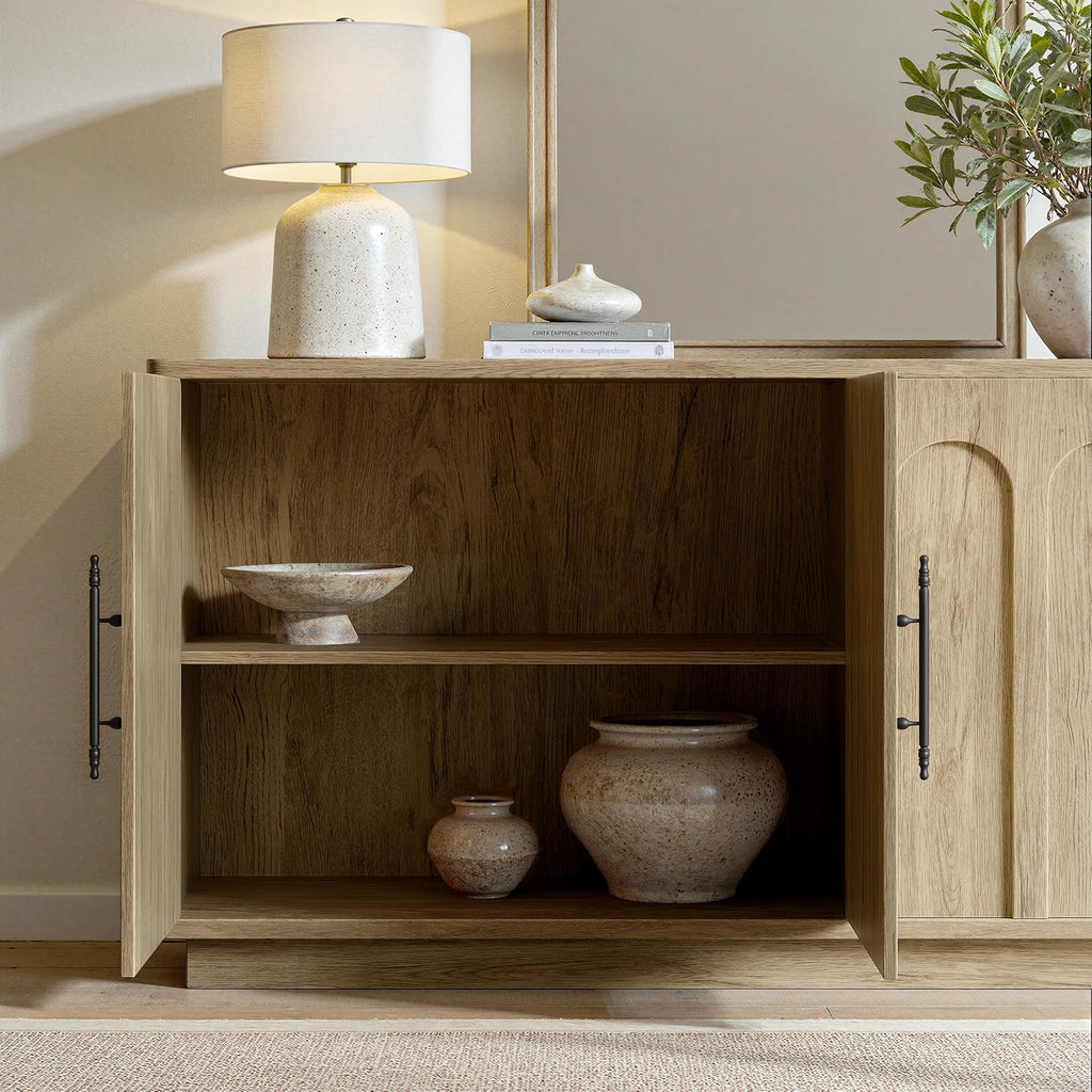 Evermagin 67" Arched Oak Sideboard Buffet Cabinet with Storage | Mid-century modern wood sideboard, large credenza with 4 doors for kitchen or living room, 67"W x 31.5"H x 15.7"D