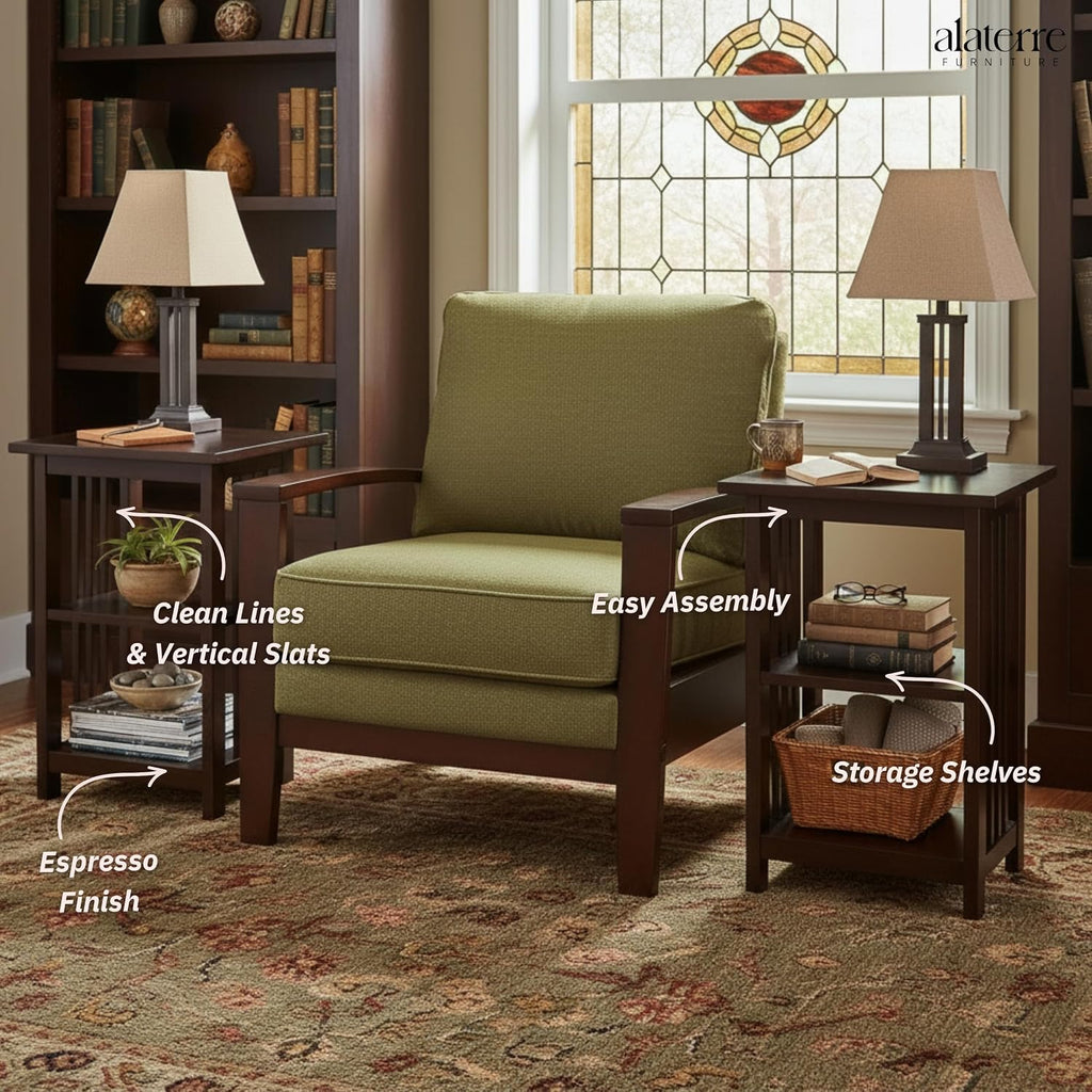 Alaterre Furniture Mission 3-Tier End Table with Vertical Slat Side Panels – Set of 2 Craftsman Style Wood Side Table with Open Storage for Living Room, Bedroom, or Cozy Reading Nook (Espresso)