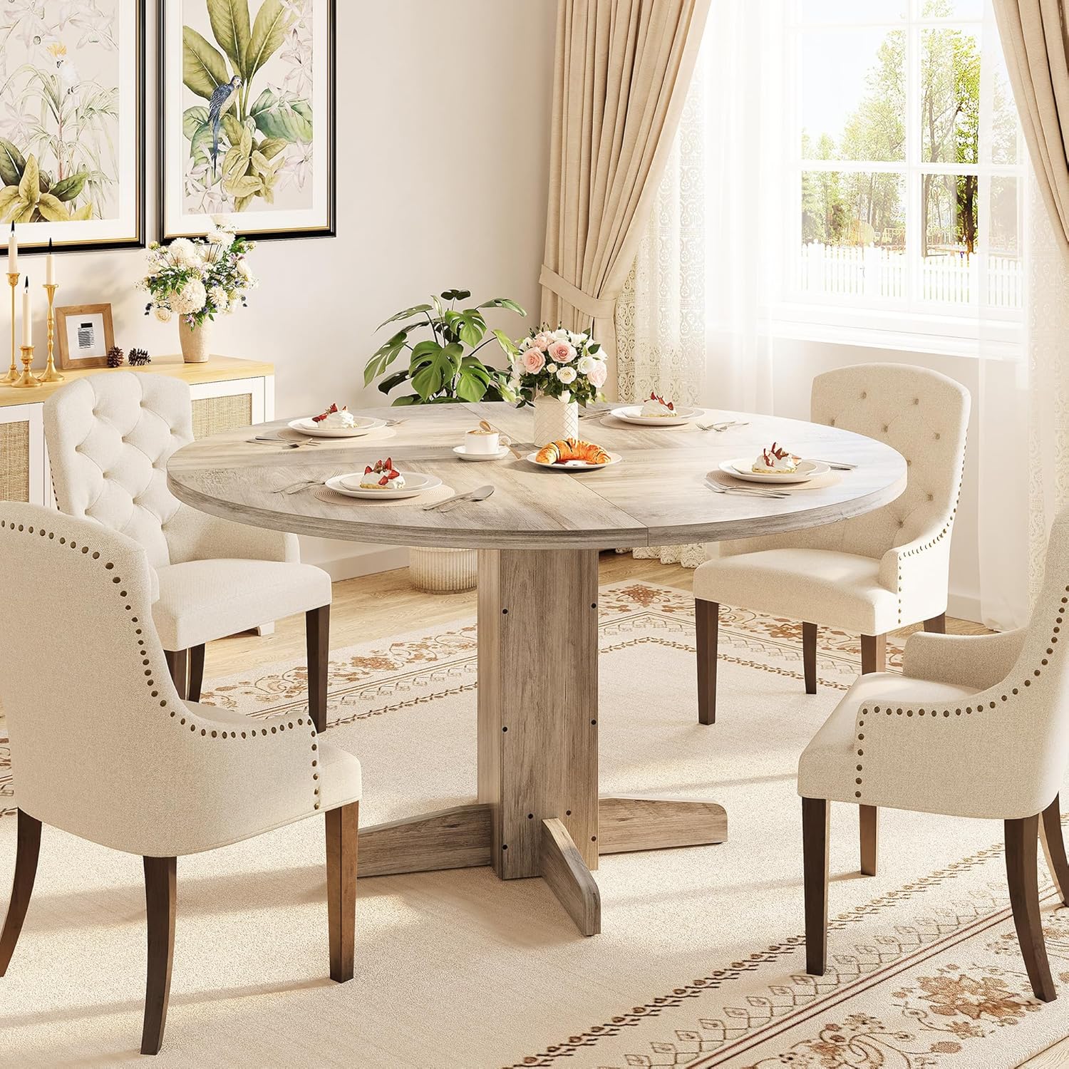 Round Dining Table for 4-6 People,Circle Dining Table, 47 Inch Farmhouse Kitchen Table with Sturdy Pedestal Base,Finish Circle Table for Dining Room, Living Room, Apartment