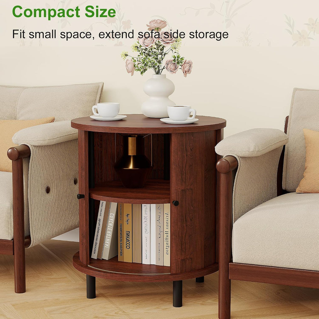 FROMJBEST Round End Table with Storage, Fluted Accent Side Table with Sliding Door, Mid-Century Nightstand for Small Spaces, Living Room, Bedroom (1, Walnut)