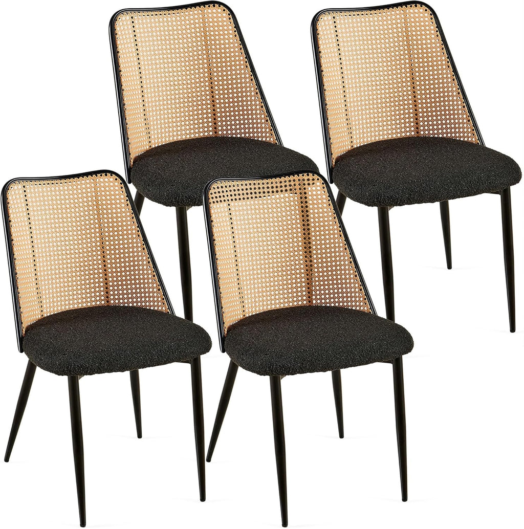 Homedot Modern Rattan Dining Chairs Black Set of 4, Upholstered Dining Room Chairs Boucle Woven Cane Kitchen Dining Accent Chairs for Reception Rooms, Restaurant