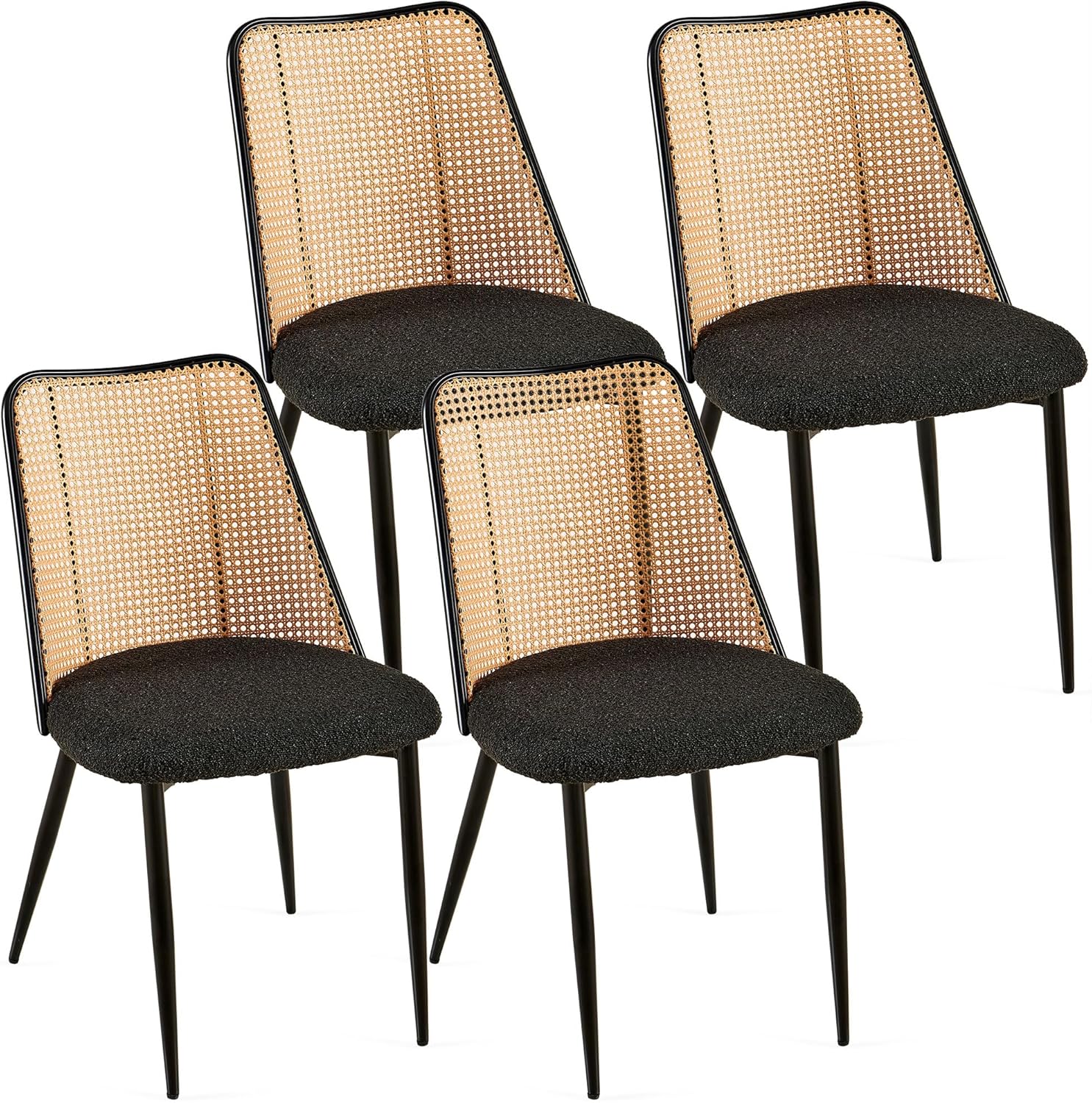 Homedot Modern Rattan Dining Chairs Black Set of 4, Upholstered Dining Room Chairs Boucle Woven Cane Kitchen Dining Accent Chairs for Reception Rooms, Restaurant