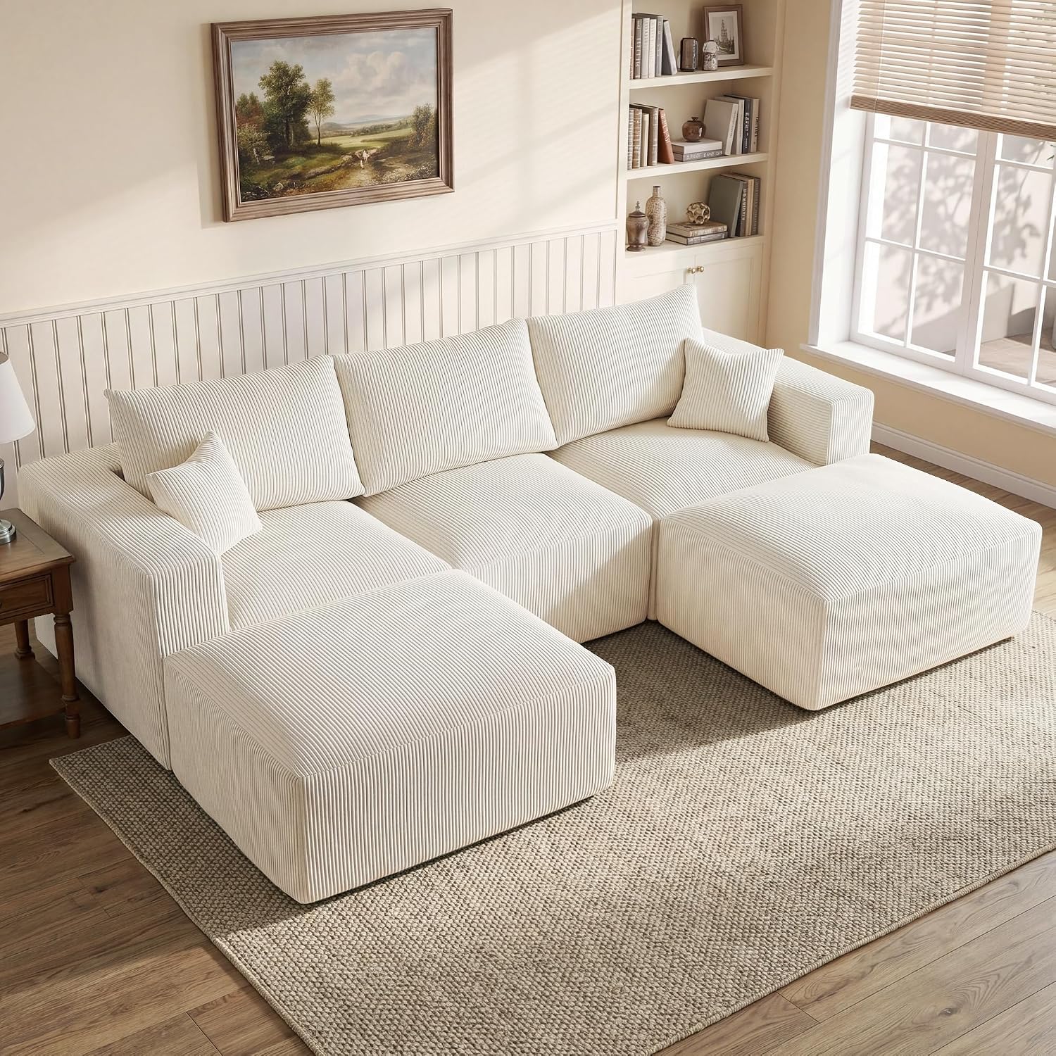 Gericco 113" Modular Sectional Couch, Cloud Boneless Sofa with Deep Seats, Upholstered Corduroy U-Shaped Sleeper Sofa with Chaise, 3-Seater Couches for Living Room, No Assembly Required, Beige