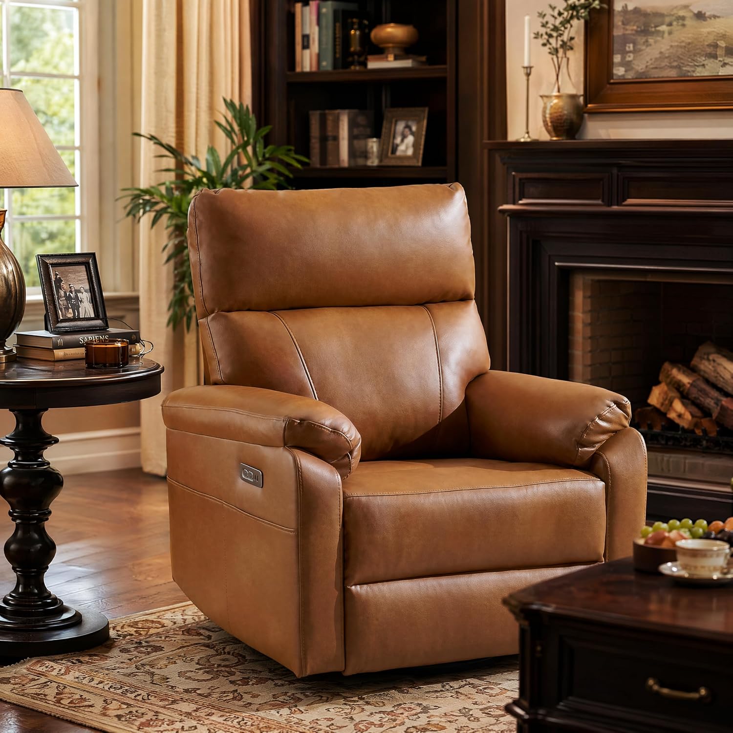 Power Recliner Chair with Adjustable Lumbar Support, Swivel Rocker Recliner with Overstuffed Armrests, Nursery Glider Recliner, Rocking Chair Nursery for Bedroom,USB&Type-C,Faux Leather Camel