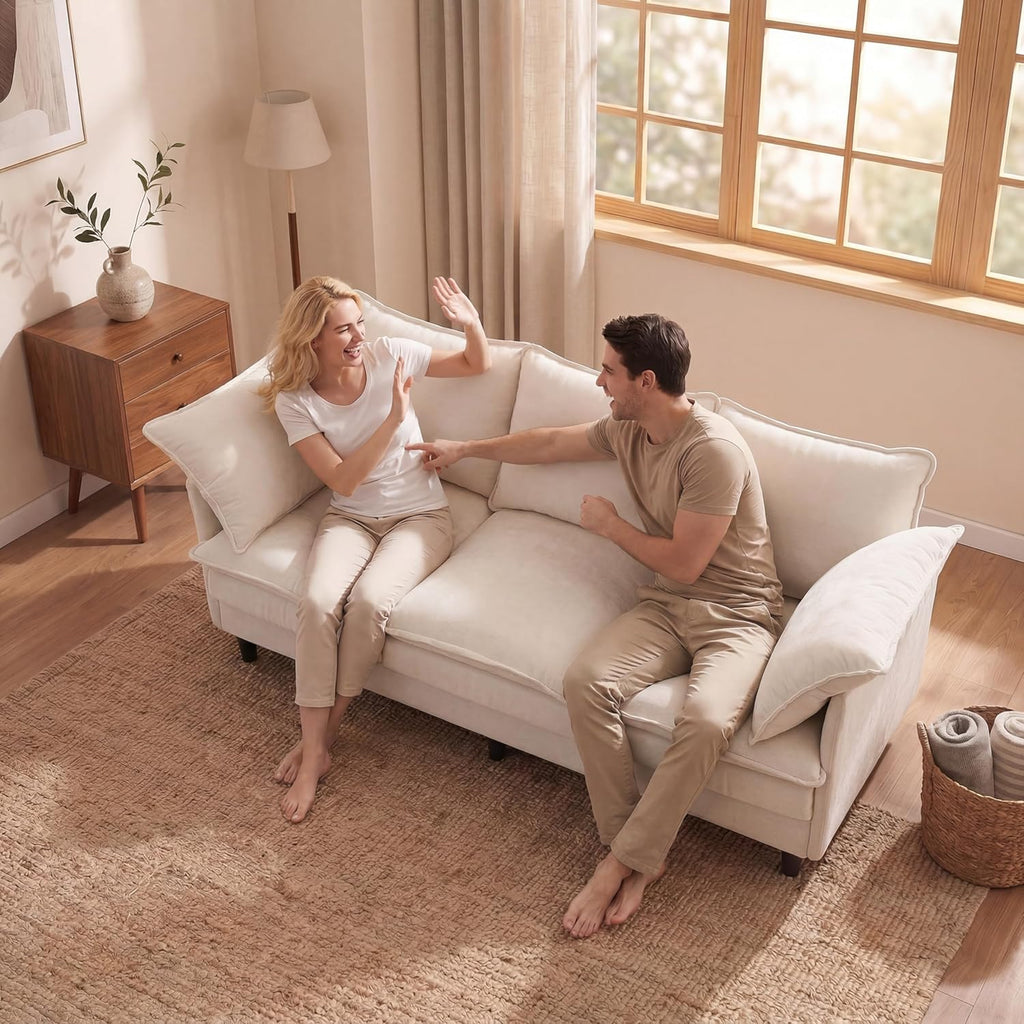 KYJ 69 Inch Small Sofa, 3-Seater Loveseat Couch with Cloud 2 Layer Cushion, 22.8" Deep Seat, Oversized Pillows, Chenille Fabric, Compact for Small Spaces,Apartment, Living Room, Studio, Office, Beige