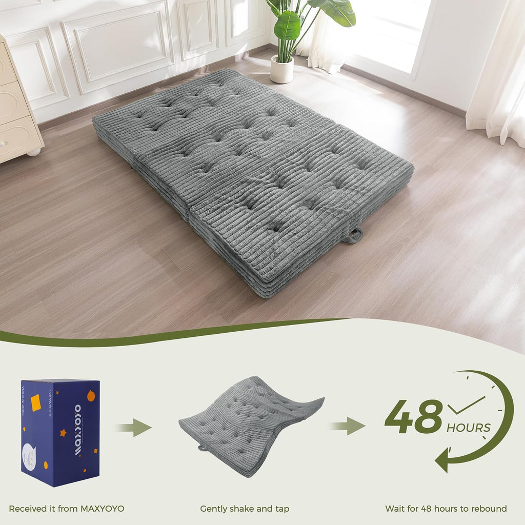 MAXYOYO Folding Sofa Couch Bed, 6 Inch Tri-Fold Floor Sofa Bed, Folding Mattress with Handles, Soft Faux Fur Folding Bed with Supportive Foam Filling, Portable Couch for Living Room, Twin, Grey