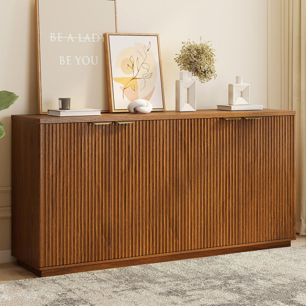 Fluted Sideboard Buffet Cabinet, 63" Wooden Credenza Storage Cabinet with 4 Doors and Adjustable Shelves, Fluted Sideboard Cabinet for Kitchen, Living Room, Brown