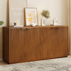 Fluted Sideboard Buffet Cabinet, 63" Wooden Credenza Storage Cabinet with 4 Doors and Adjustable Shelves, Fluted Sideboard Cabinet for Kitchen, Living Room, Brown