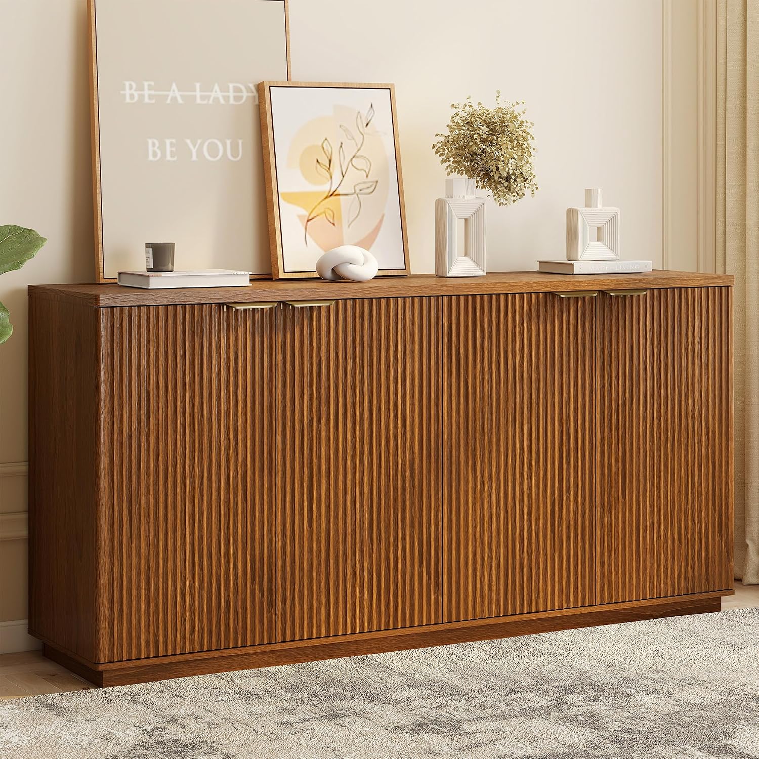 Fluted Sideboard Buffet Cabinet, 63" Wooden Credenza Storage Cabinet with 4 Doors and Adjustable Shelves, Fluted Sideboard Cabinet for Kitchen, Living Room, Brown