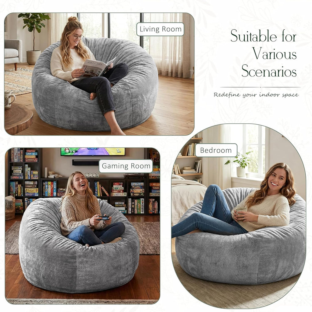 ZurNesfure Bean Bag Chair for Adults, 3FT Giant Bean Bag with Filler & Machine Washable Cover, Fluffy Bean Bag Chairs Oversized Beanbag Lounge Chair for Living Room, Bedroom Dorm (Grey, Medium)